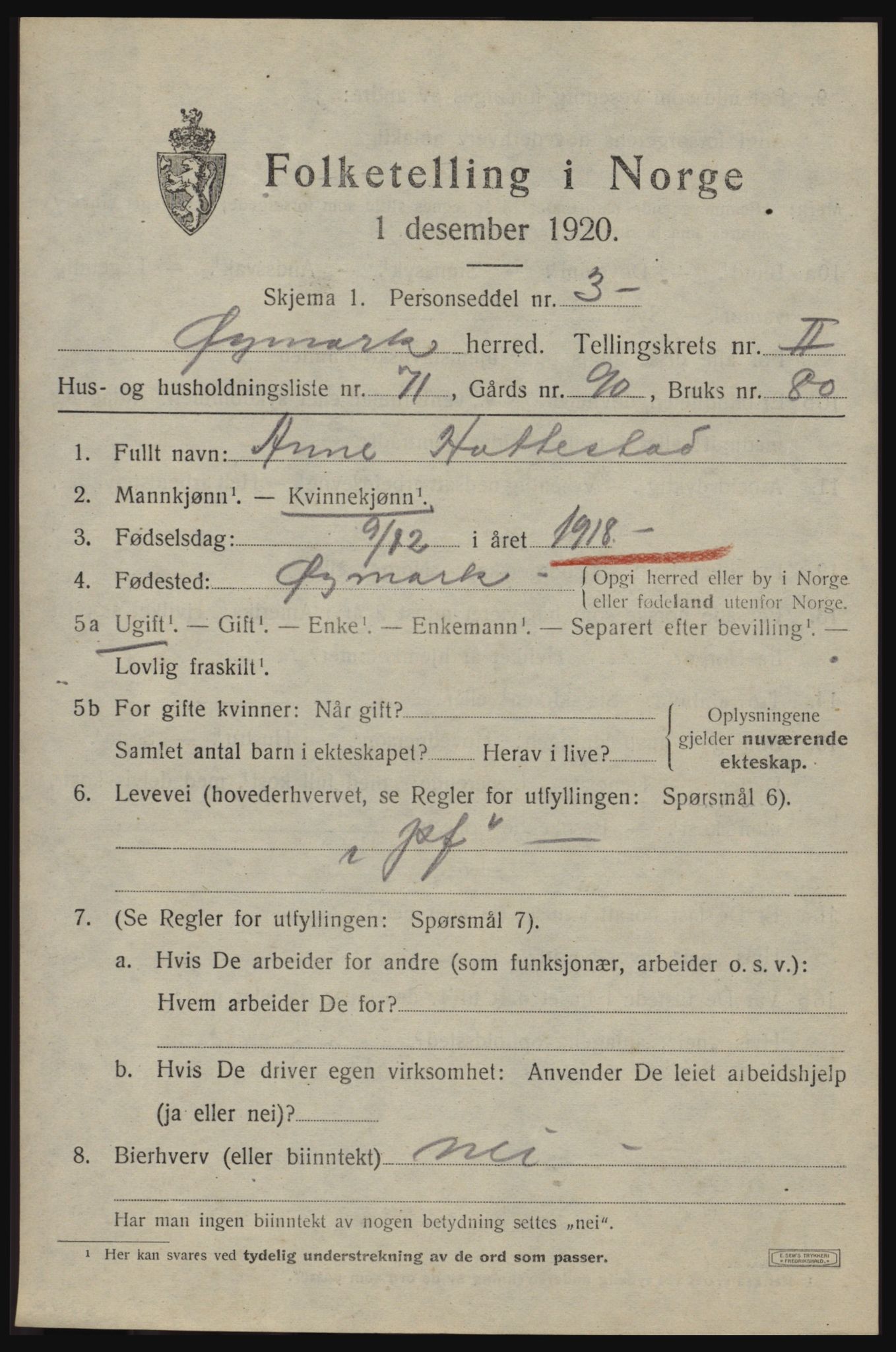 SAO, Folketelling 1920 for 0119 Øymark herred, 1920, s. 2189