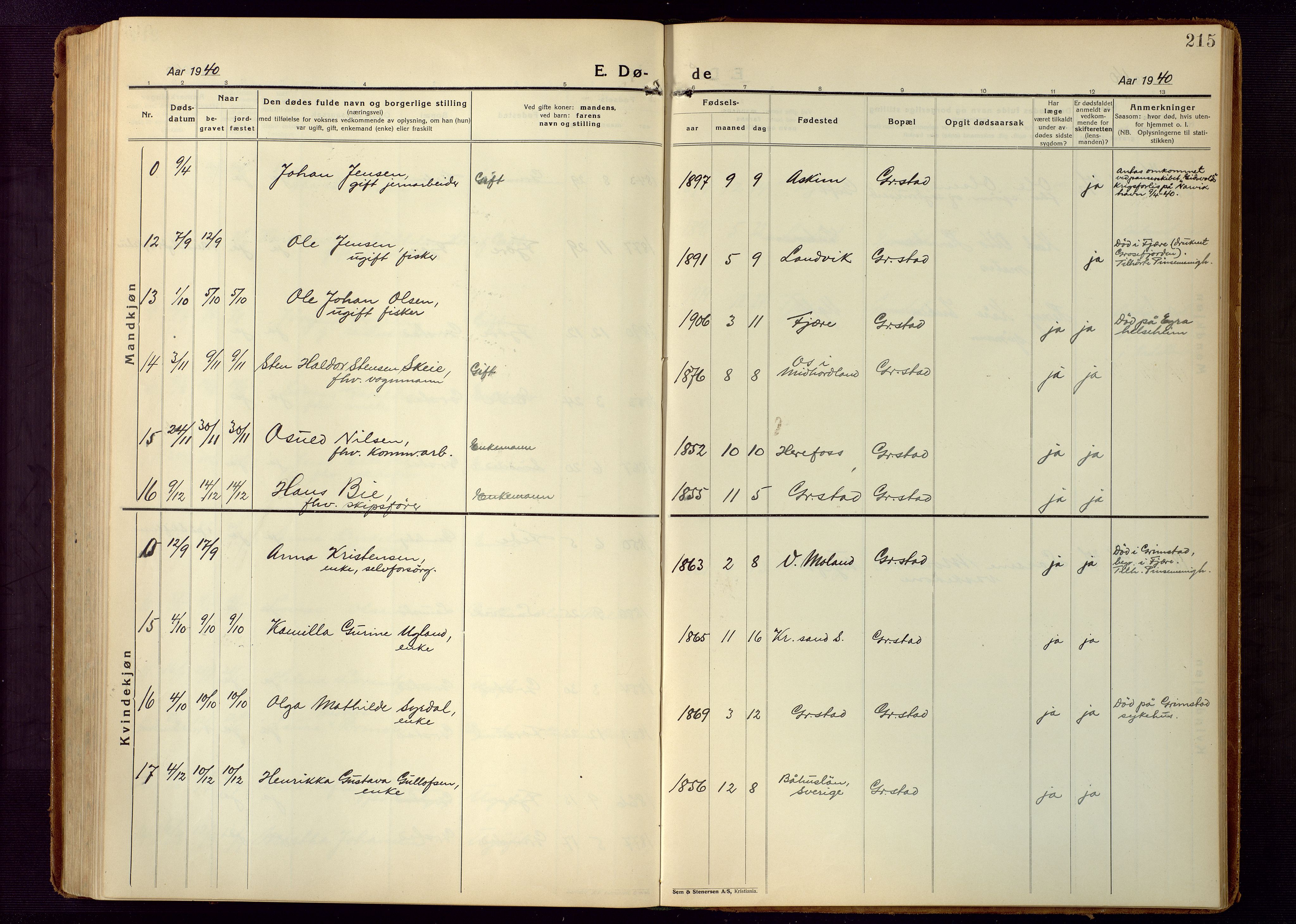 Grimstad sokneprestkontor, AV/SAK-1111-0017/F/Fb/L0002: Klokkerbok nr. B 2, 1923-1949, s. 215