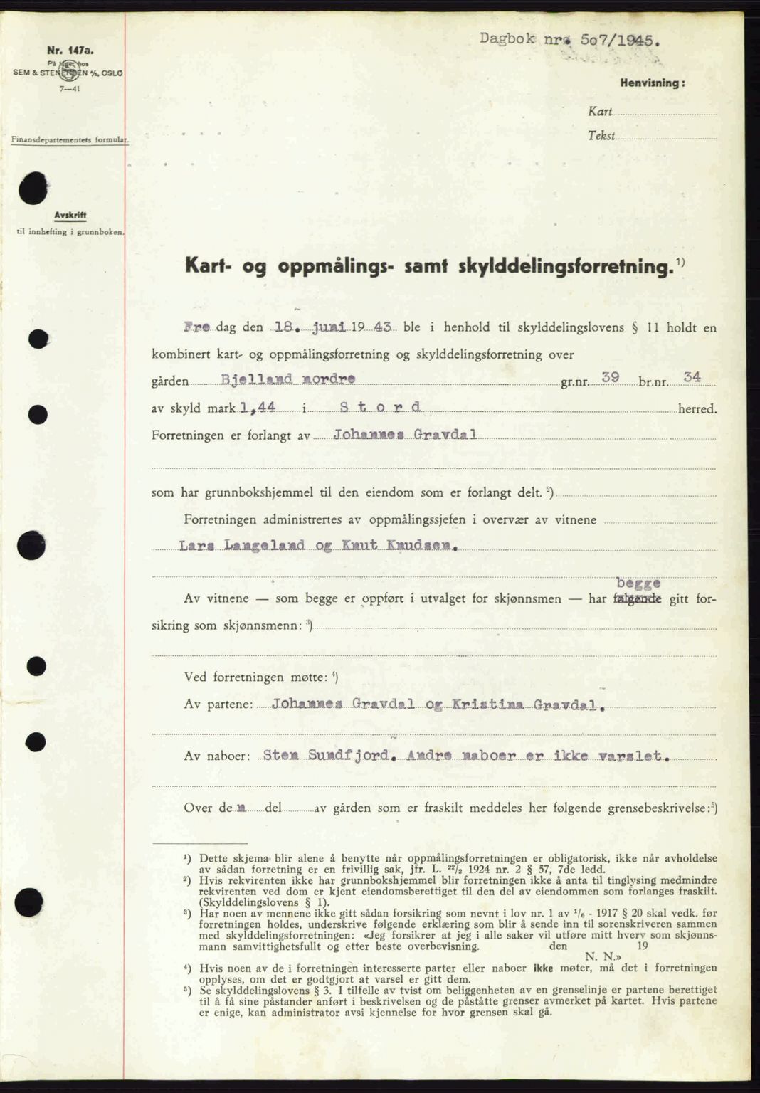 Sunnhordland sorenskrivar, AV/SAB-A-2401: Pantebok nr. A77, 1945-1945, Dagboknr: 507/1945