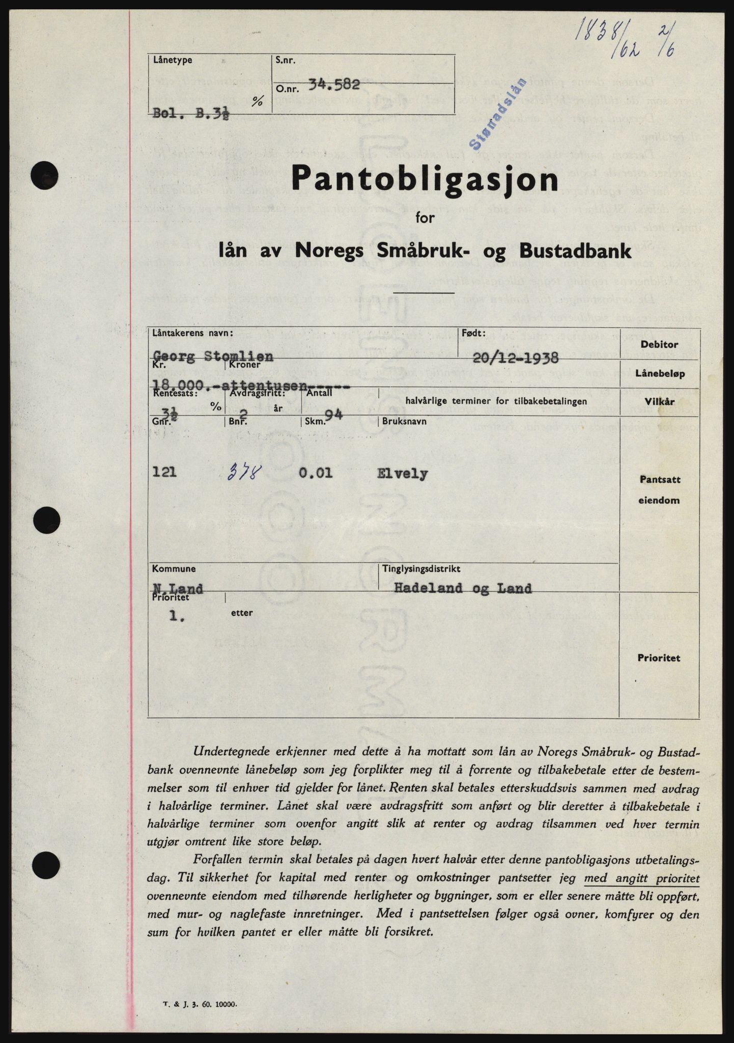 Hadeland og Land tingrett, SAH/TING-010/H/Hb/Hbc/L0048: Pantebok nr. B48, 1962-1962, Dagboknr: 1838/1962