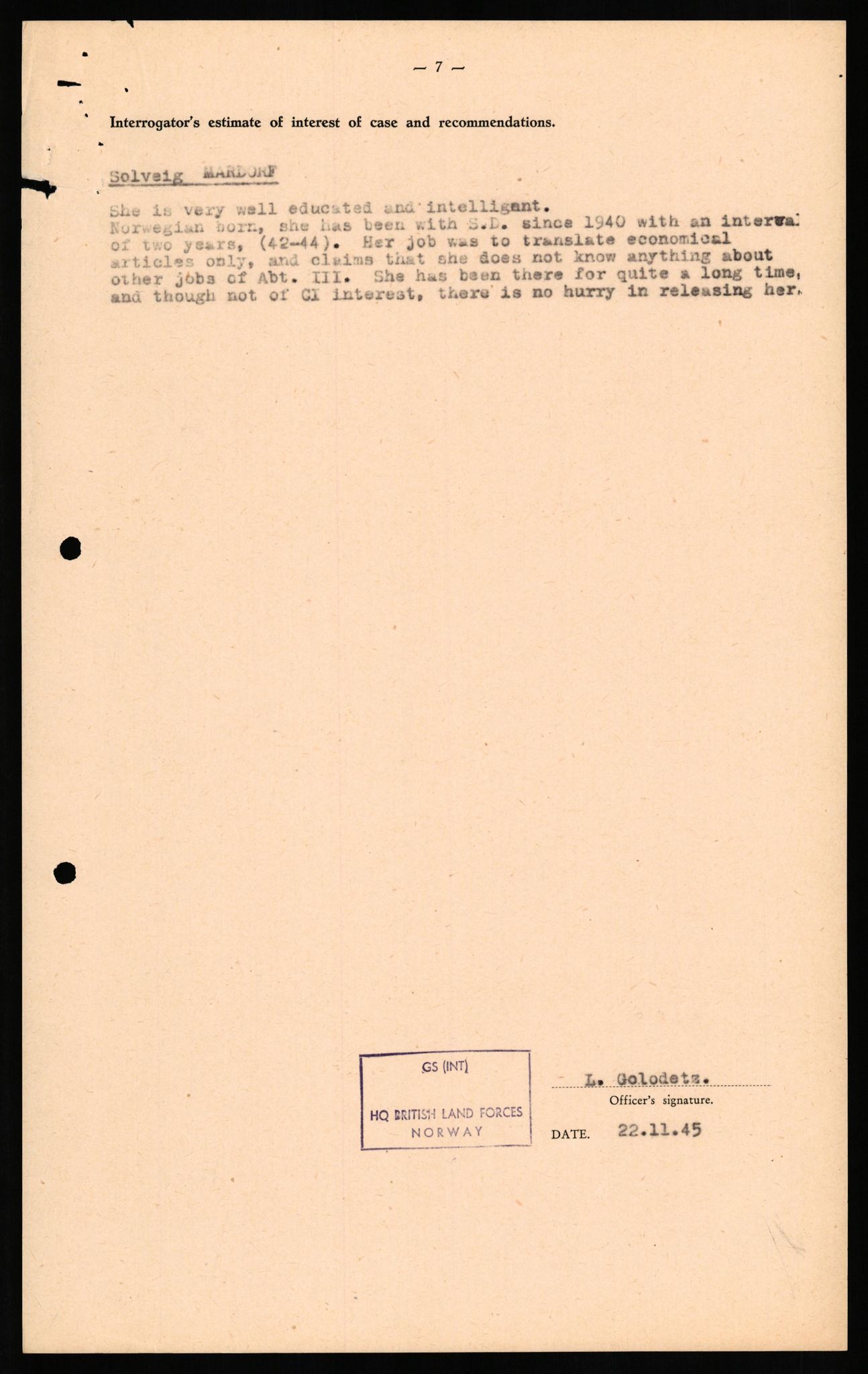 Forsvaret, Forsvarets overkommando II, RA/RAFA-3915/D/Db/L0021: CI Questionaires. Tyske okkupasjonsstyrker i Norge. Tyskere., 1945-1946, s. 145