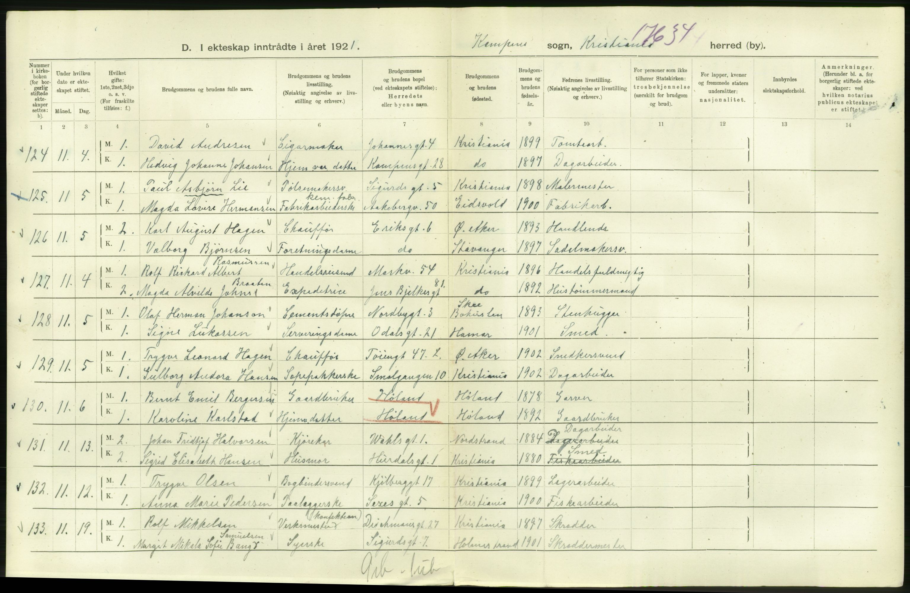 Statistisk sentralbyrå, Sosiodemografiske emner, Befolkning, AV/RA-S-2228/D/Df/Dfc/Dfca/L0011: Kristiania: Gifte, 1921, s. 784