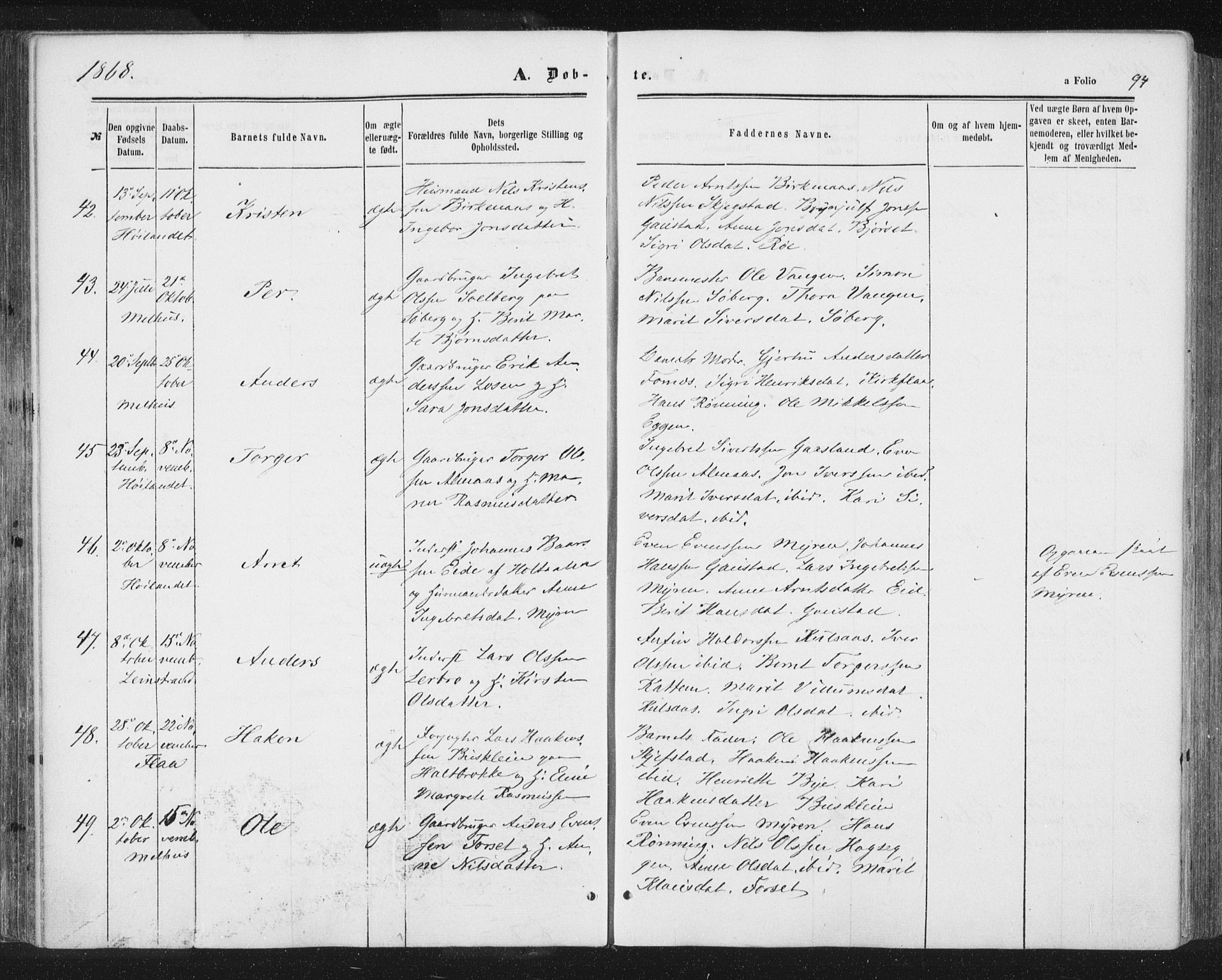 Ministerialprotokoller, klokkerbøker og fødselsregistre - Sør-Trøndelag, SAT/A-1456/691/L1077: Ministerialbok nr. 691A09, 1862-1873, s. 94