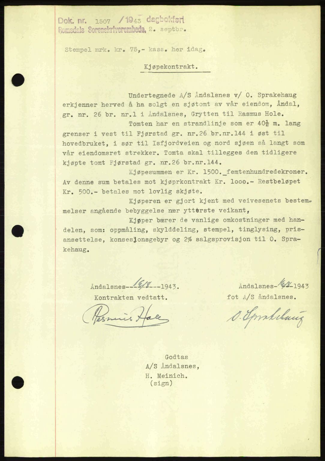 Romsdal sorenskriveri, SAT/A-4149/1/2/2C: Pantebok nr. A14, 1943-1943, Dagboknr: 1507/1943