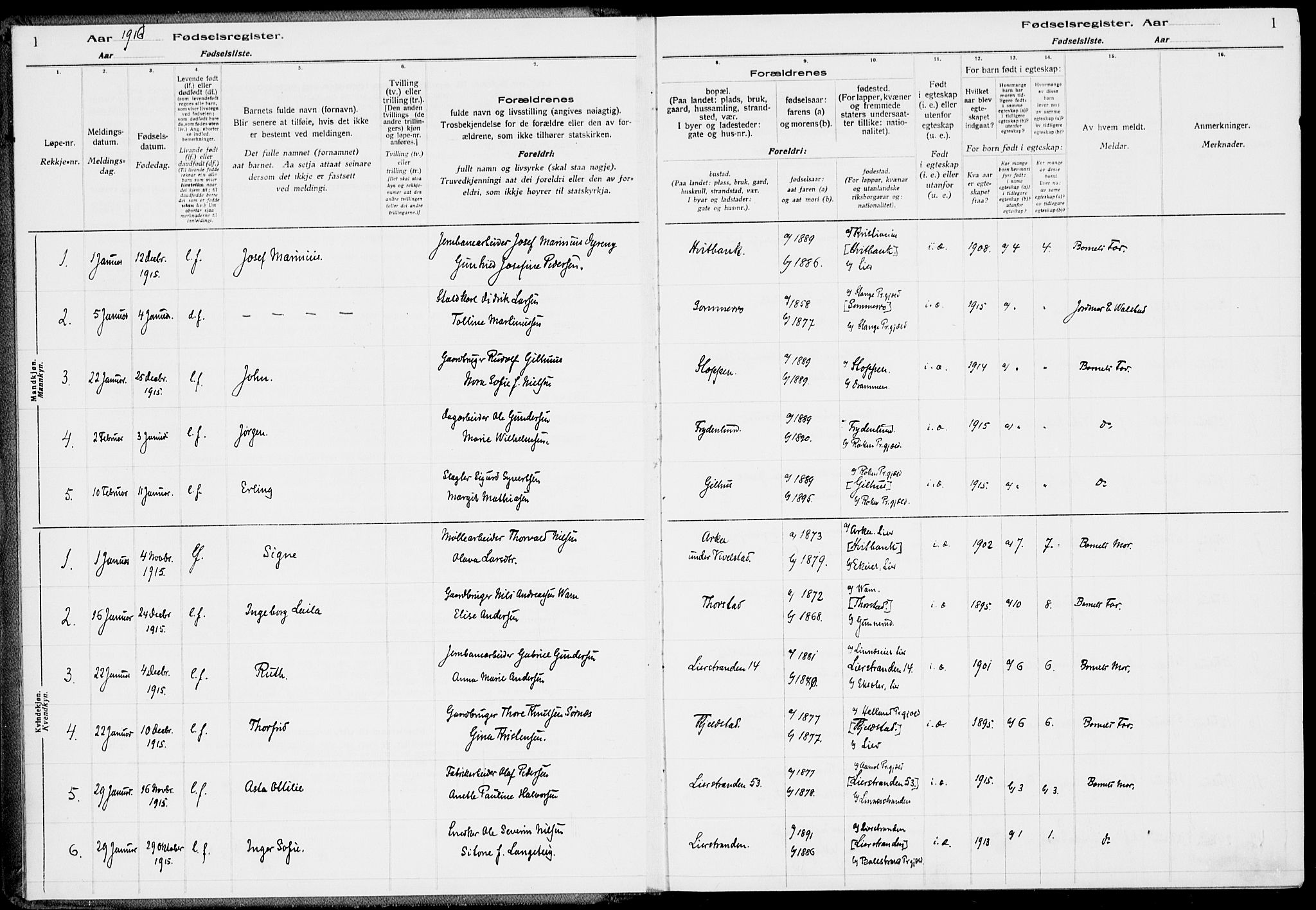 Lier kirkebøker, AV/SAKO-A-230/J/Ja/L0001: Fødselsregister nr. 1, 1916-1928, s. 1