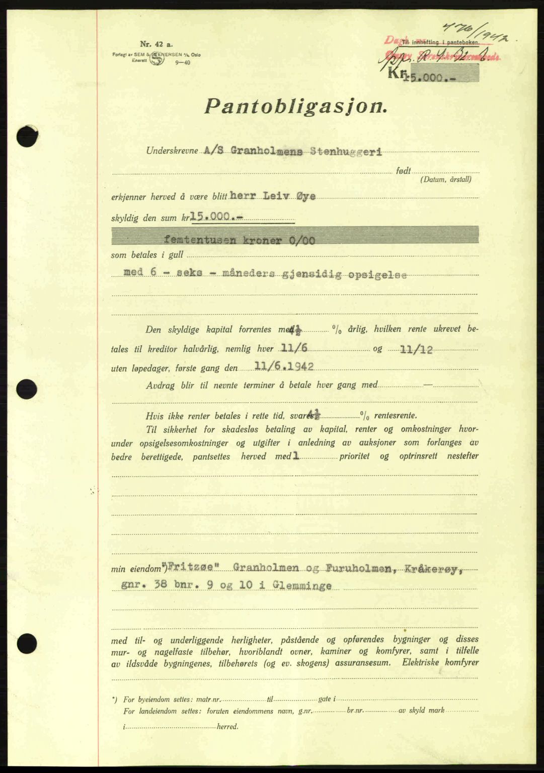 Onsøy sorenskriveri, SAO/A-10474/G/Ga/Gac/L0003: Pantebok nr. B3, 1940-1944, Dagboknr: 476/1942