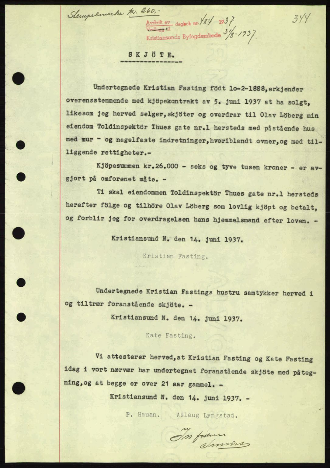 Kristiansund byfogd, SAT/A-4587/A/27: Pantebok nr. 30, 1936-1941, Dagboknr: 484/1937