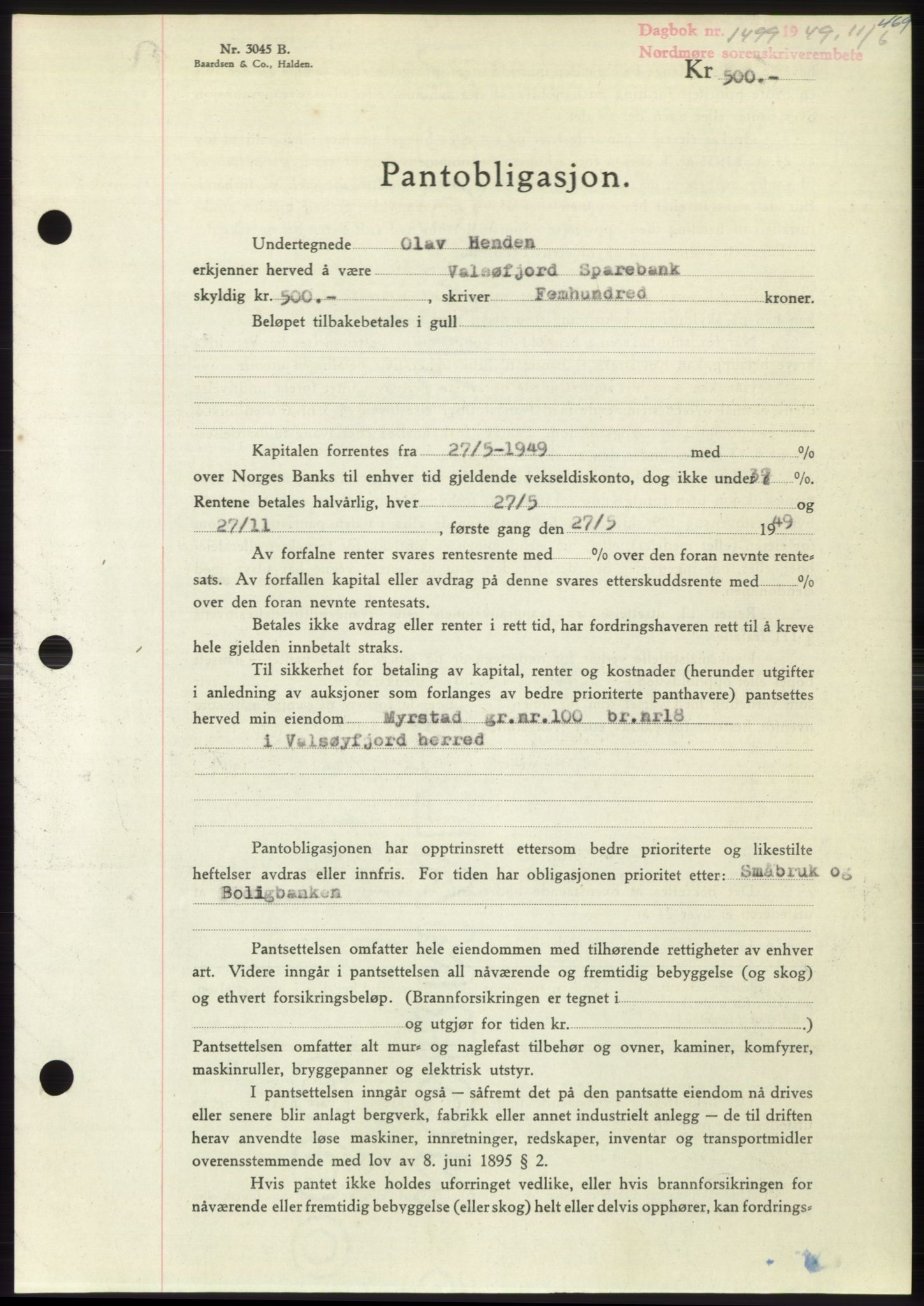 Nordmøre sorenskriveri, SAT/A-4132/1/2/2Ca: Pantebok nr. B101, 1949-1949, Dagboknr: 1499/1949