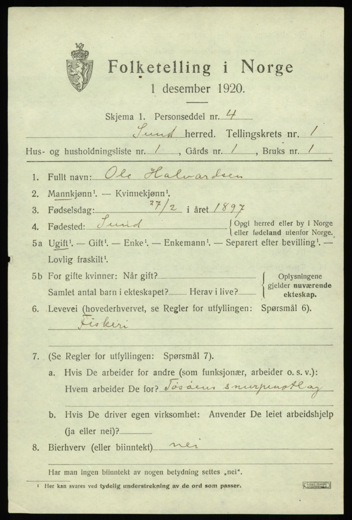 SAB, Folketelling 1920 for 1245 Sund herred, 1920, s. 925