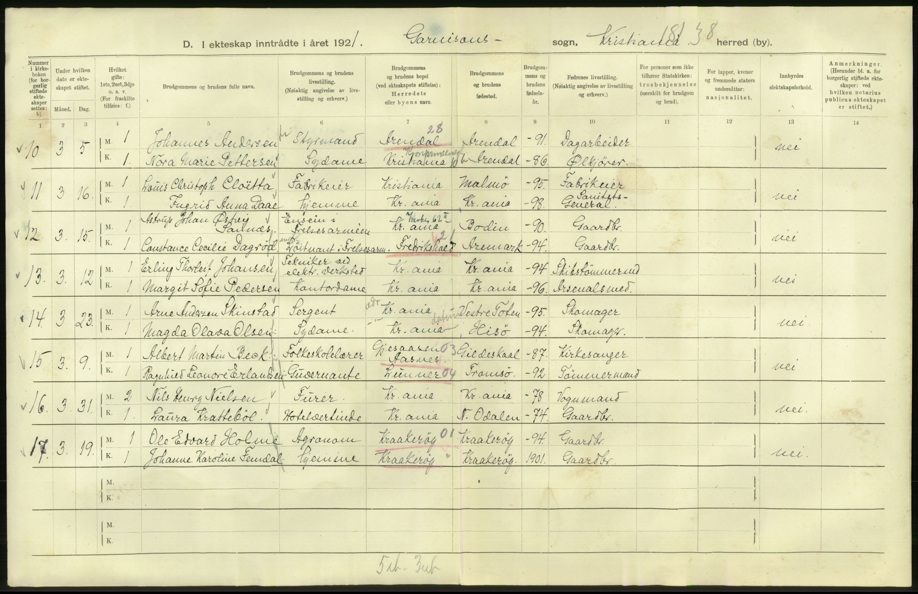 Statistisk sentralbyrå, Sosiodemografiske emner, Befolkning, RA/S-2228/D/Df/Dfc/Dfca/L0011: Kristiania: Gifte, 1921, s. 884