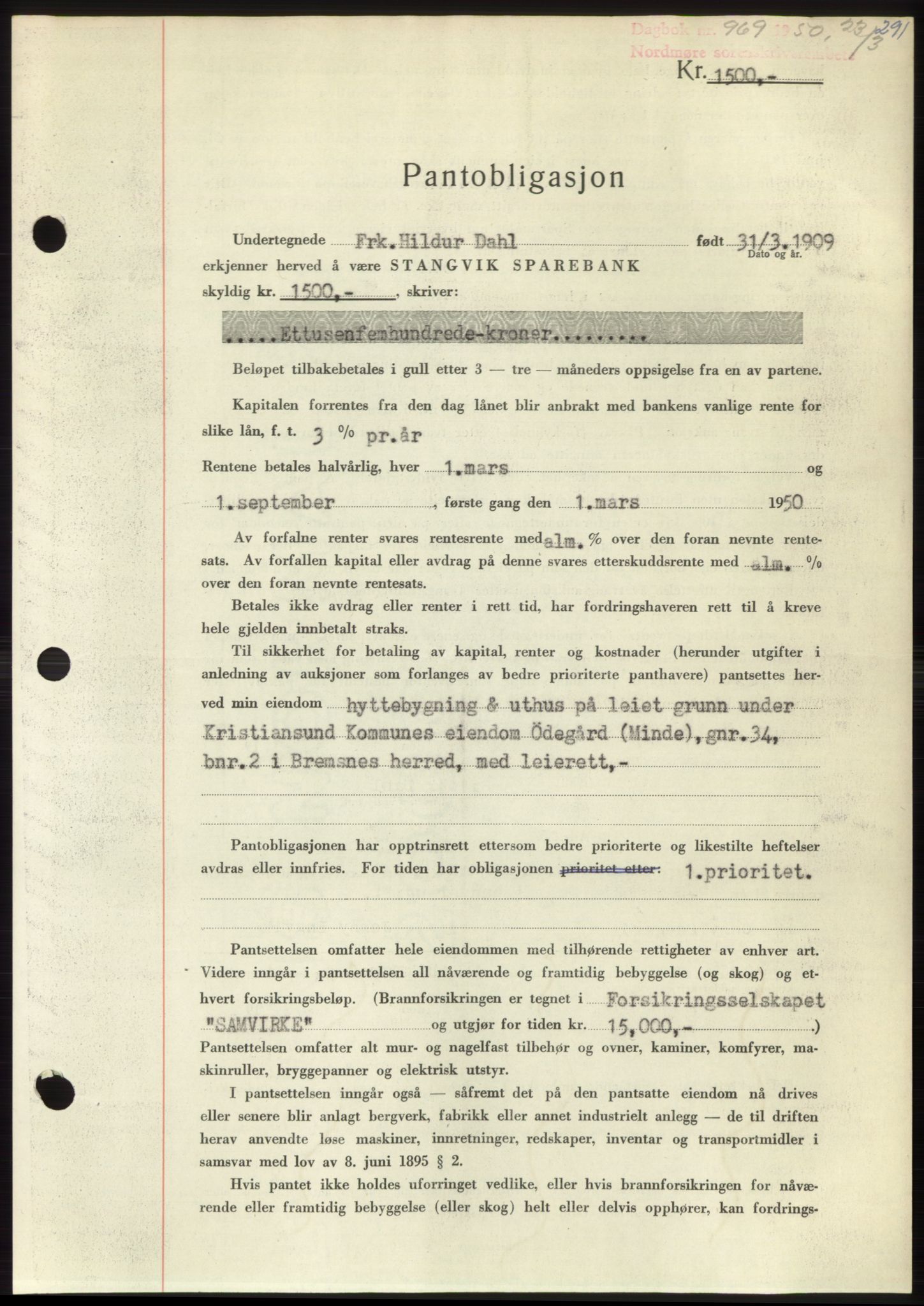 Nordmøre sorenskriveri, SAT/A-4132/1/2/2Ca: Pantebok nr. B104, 1950-1950, Dagboknr: 969/1950