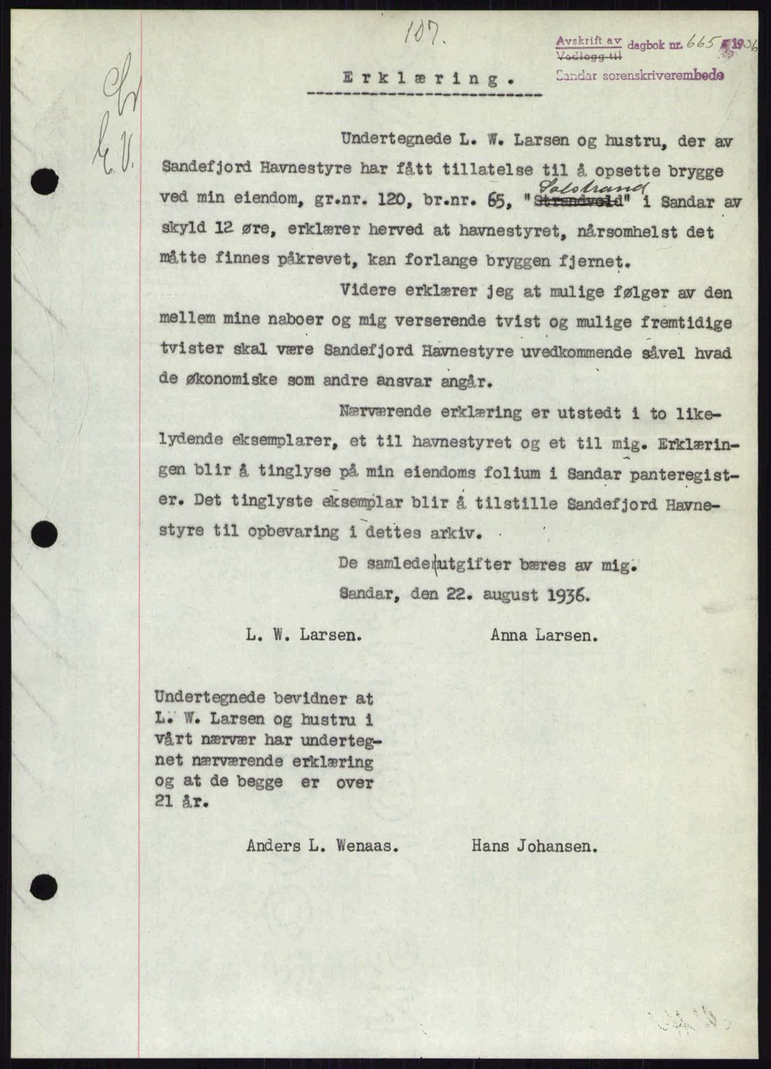 Sandar sorenskriveri, SAKO/A-86/G/Ga/Gab/L0001: Pantebok nr. B-1 og B-3 - B-9, 1936-1944, Dagboknr: 665/1936