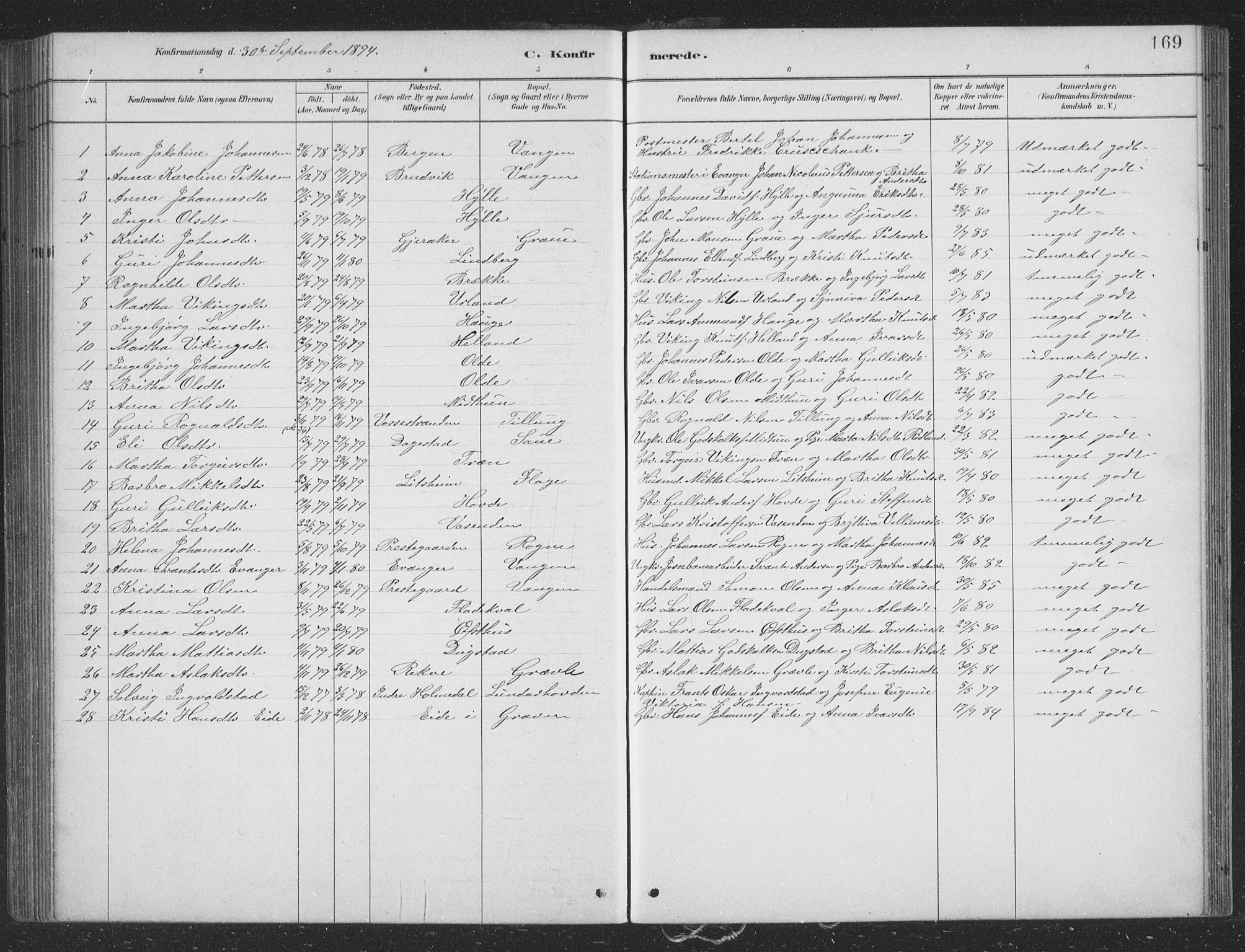 Voss sokneprestembete, AV/SAB-A-79001/H/Hab: Klokkerbok nr. B 3, 1879-1894, s. 169