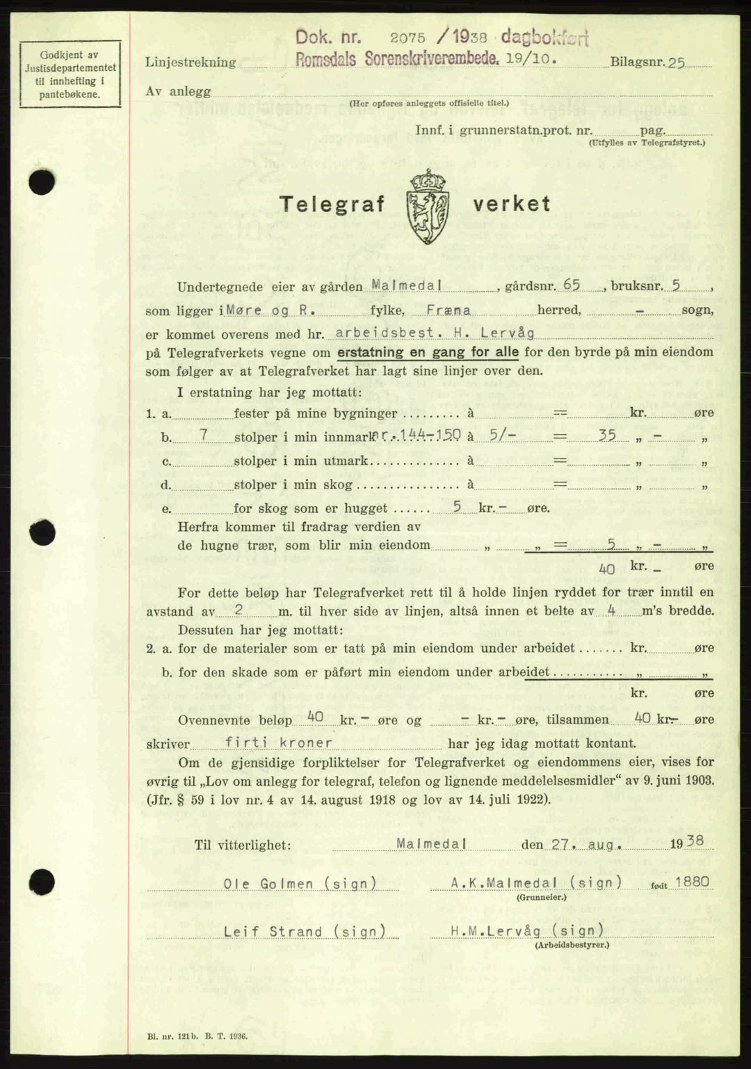 Romsdal sorenskriveri, SAT/A-4149/1/2/2C: Pantebok nr. A5, 1938-1938, Dagboknr: 2075/1938