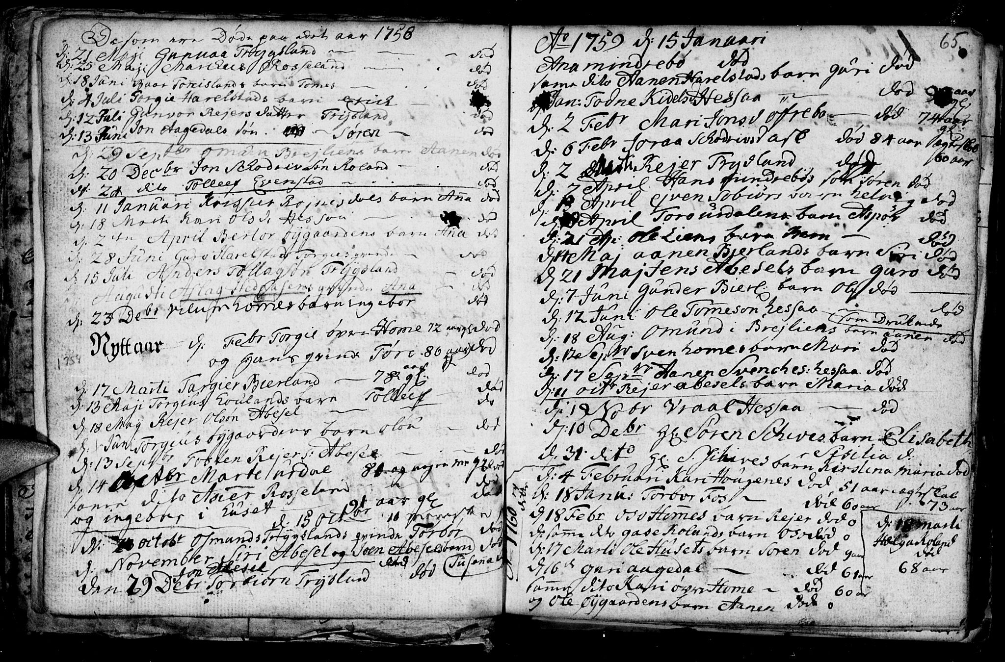 Bjelland sokneprestkontor, SAK/1111-0005/F/Fb/Fba/L0002: Klokkerbok nr. B 2, 1753-1792, s. 65
