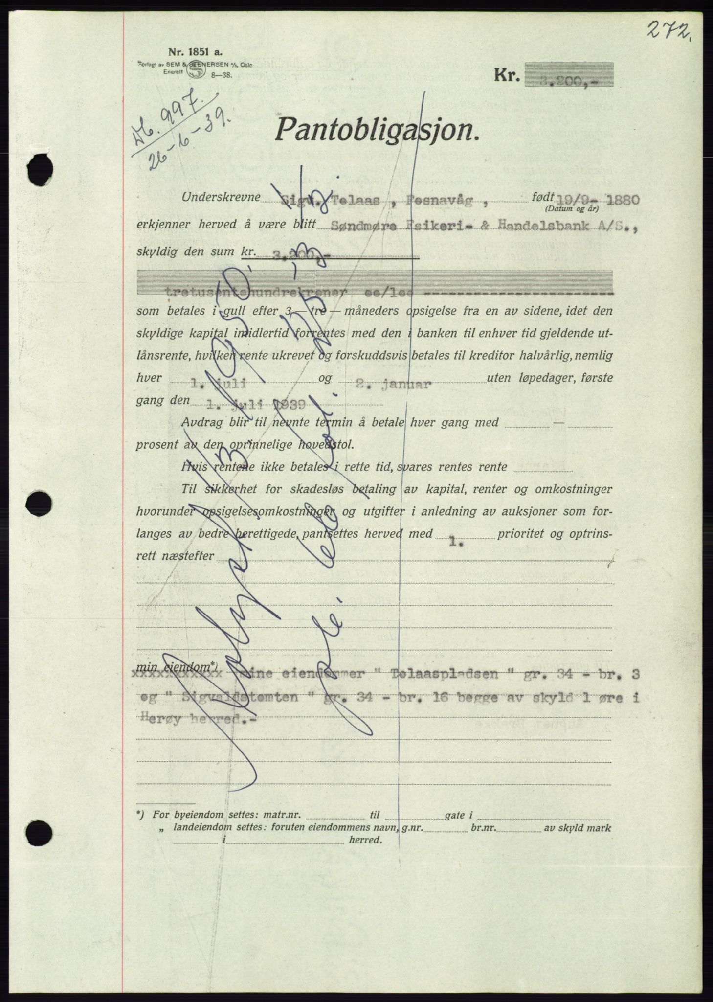 Søre Sunnmøre sorenskriveri, AV/SAT-A-4122/1/2/2C/L0068: Pantebok nr. 62, 1939-1939, Dagboknr: 997/1939