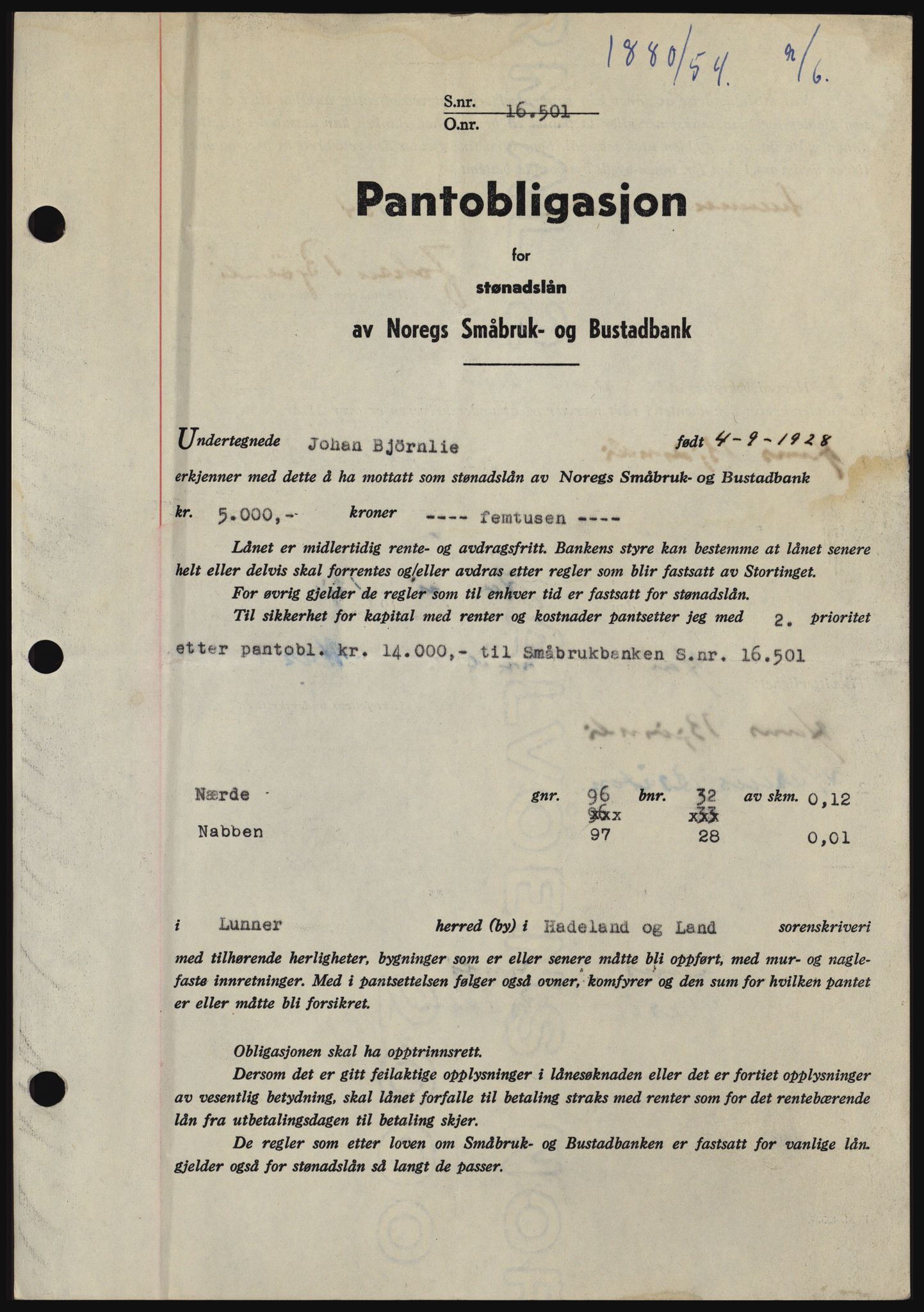 Hadeland og Land tingrett, SAH/TING-010/H/Hb/Hbc/L0030: Pantebok nr. B30, 1954-1954, Dagboknr: 1880/1954