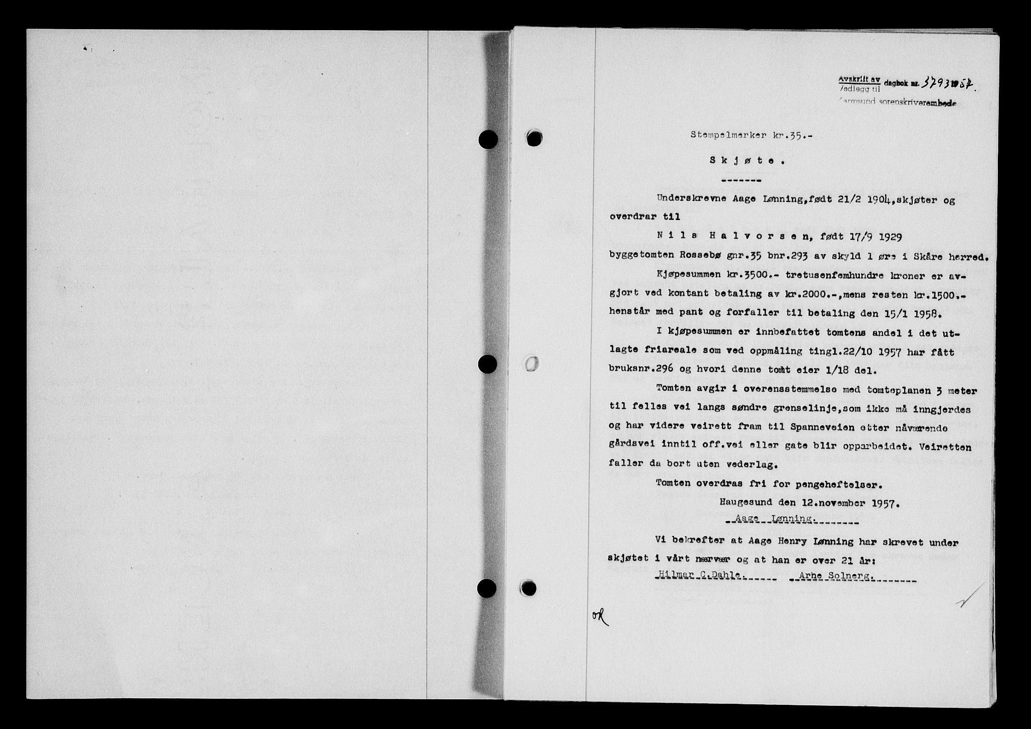 Karmsund sorenskriveri, SAST/A-100311/01/II/IIB/L0127: Pantebok nr. 107A, 1957-1958, Dagboknr: 3793/1957