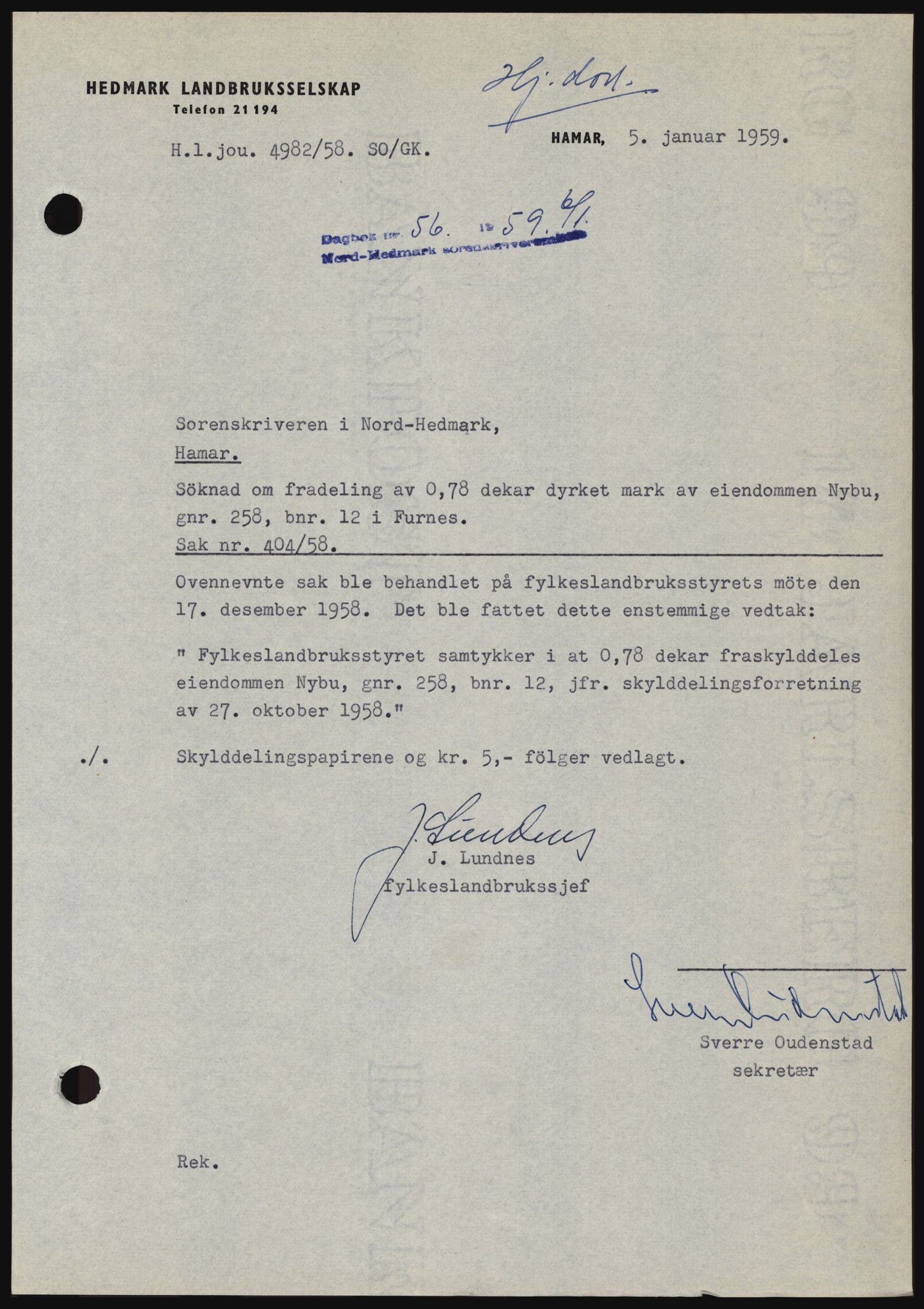 Nord-Hedmark sorenskriveri, SAH/TING-012/H/Hc/L0013: Pantebok nr. 13, 1959-1960, Dagboknr: 56/1959