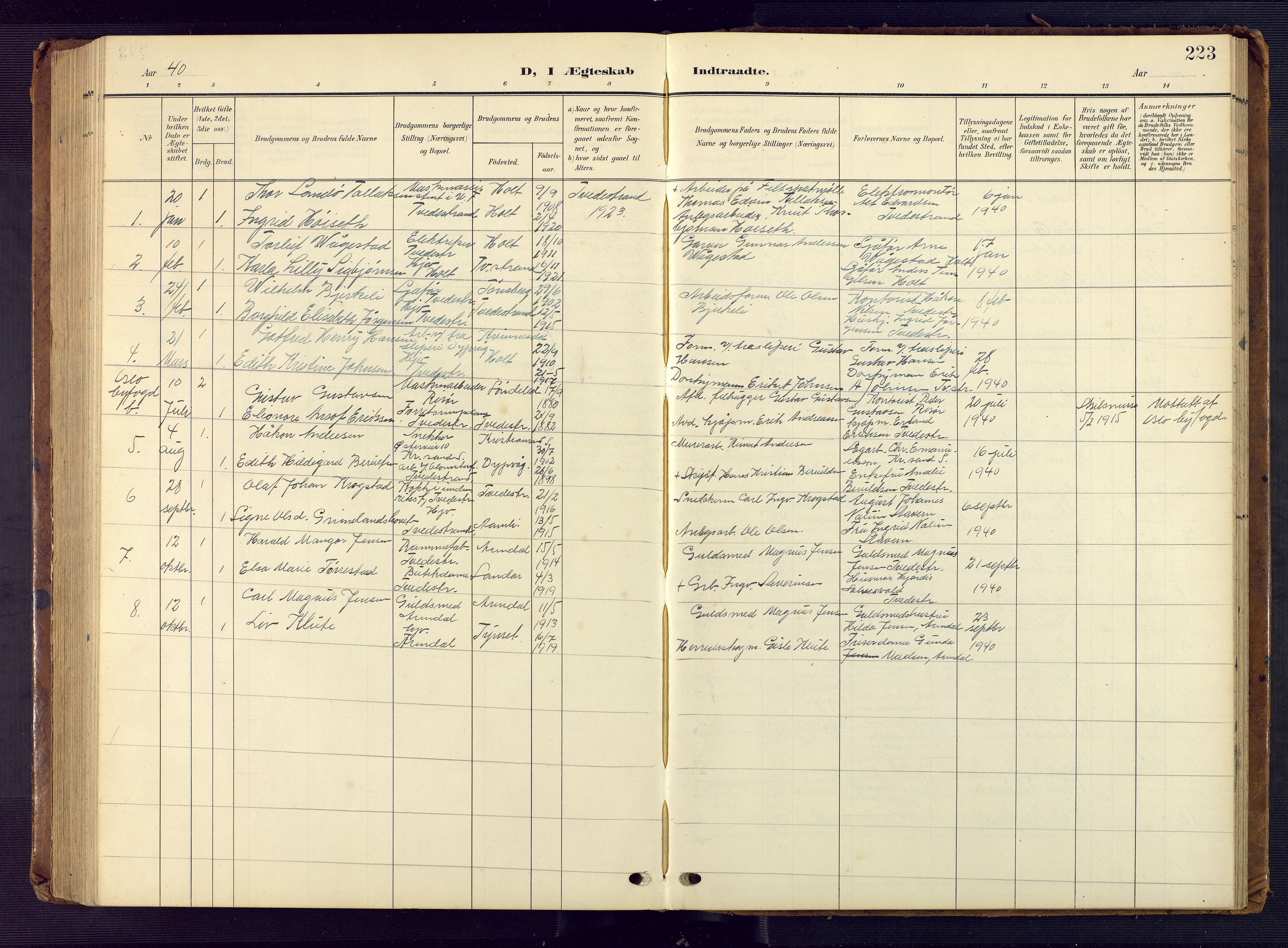 Tvedestrand sokneprestkontor, AV/SAK-1111-0042/F/Fb/L0001: Klokkerbok nr. B 1, 1902-1956, s. 223