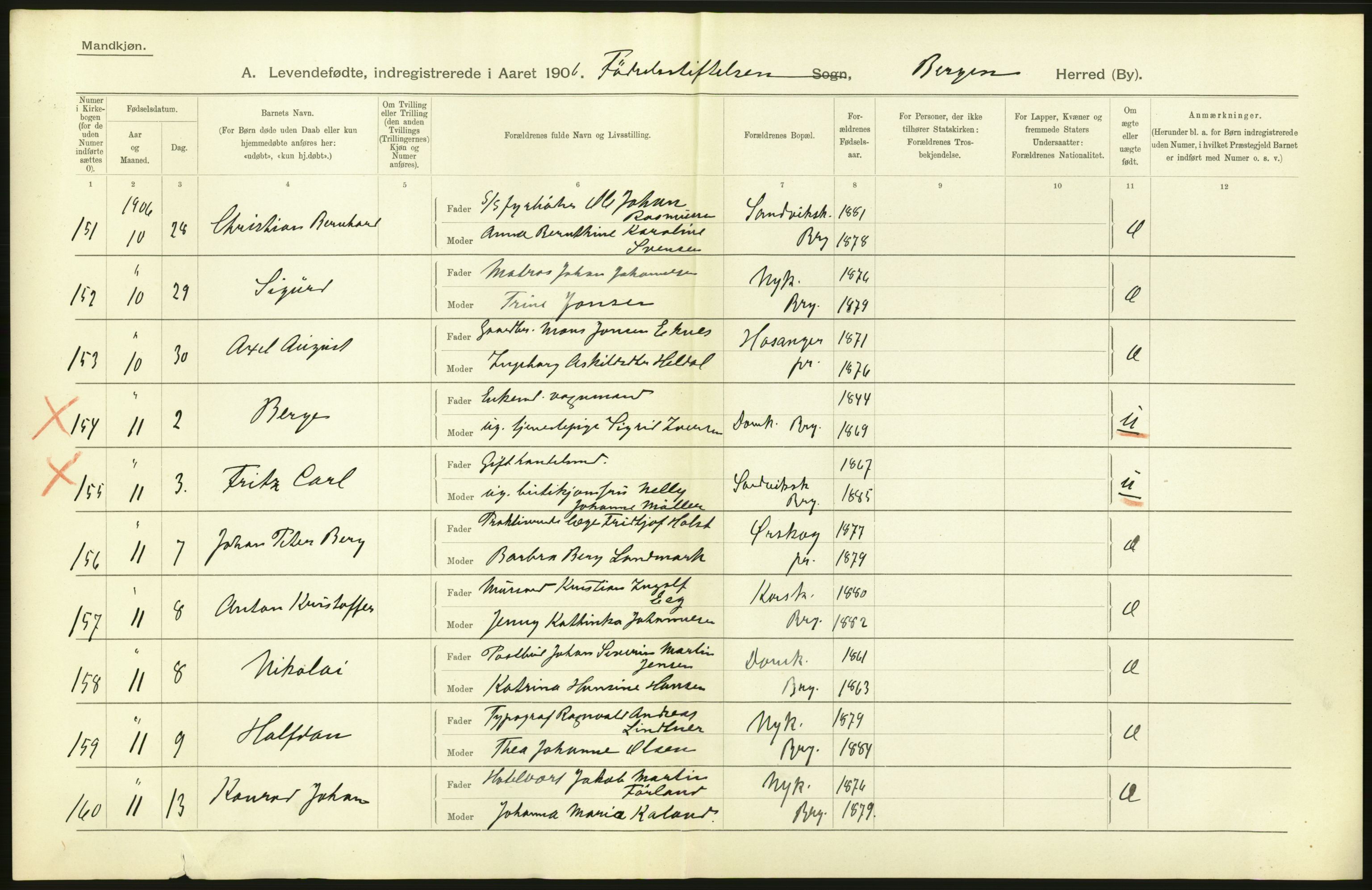 Statistisk sentralbyrå, Sosiodemografiske emner, Befolkning, AV/RA-S-2228/D/Df/Dfa/Dfad/L0031: Bergen: Levendefødte menn og kvinner., 1906, s. 6