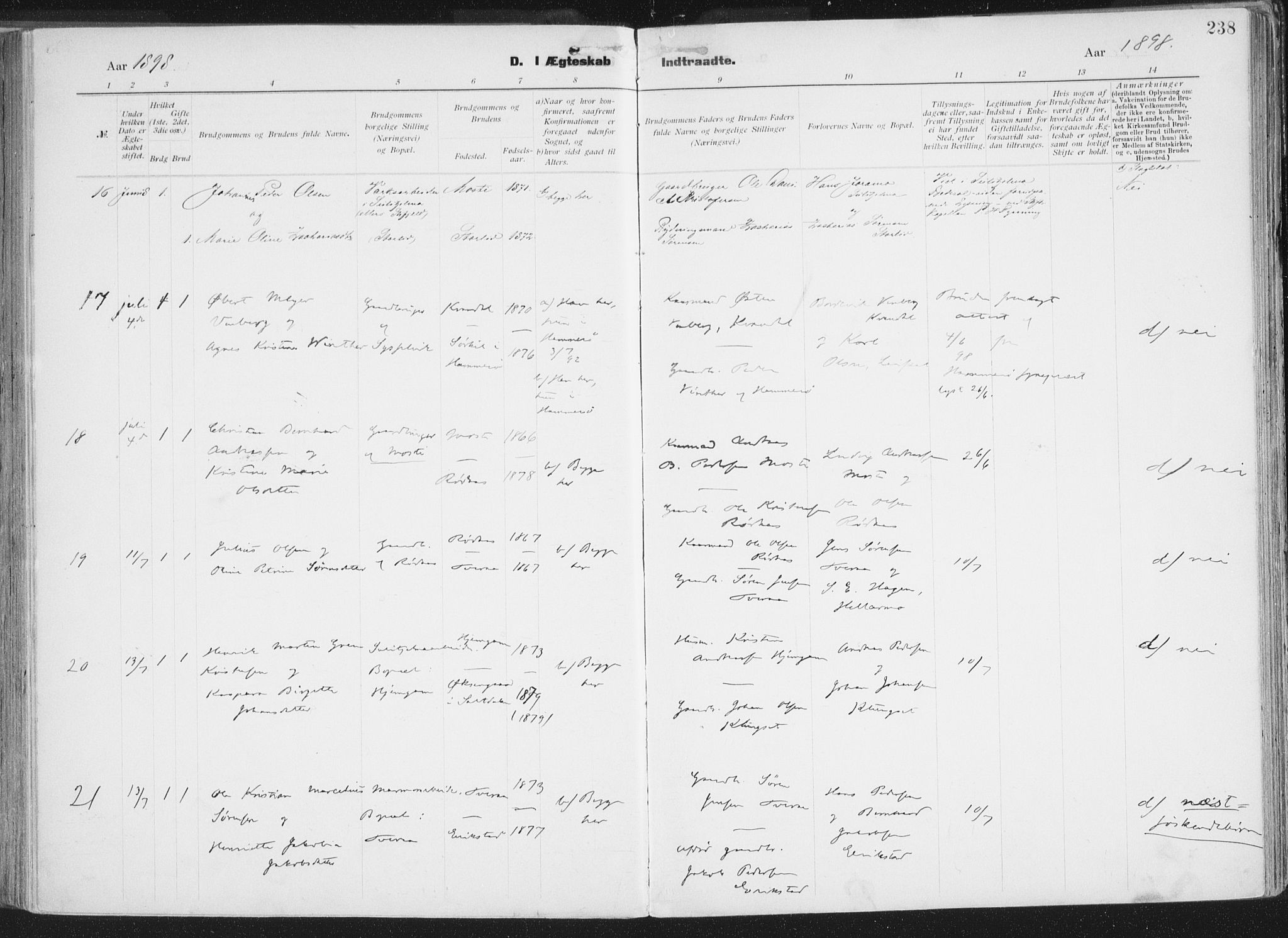 Ministerialprotokoller, klokkerbøker og fødselsregistre - Nordland, AV/SAT-A-1459/849/L0696: Ministerialbok nr. 849A08, 1898-1910, s. 238