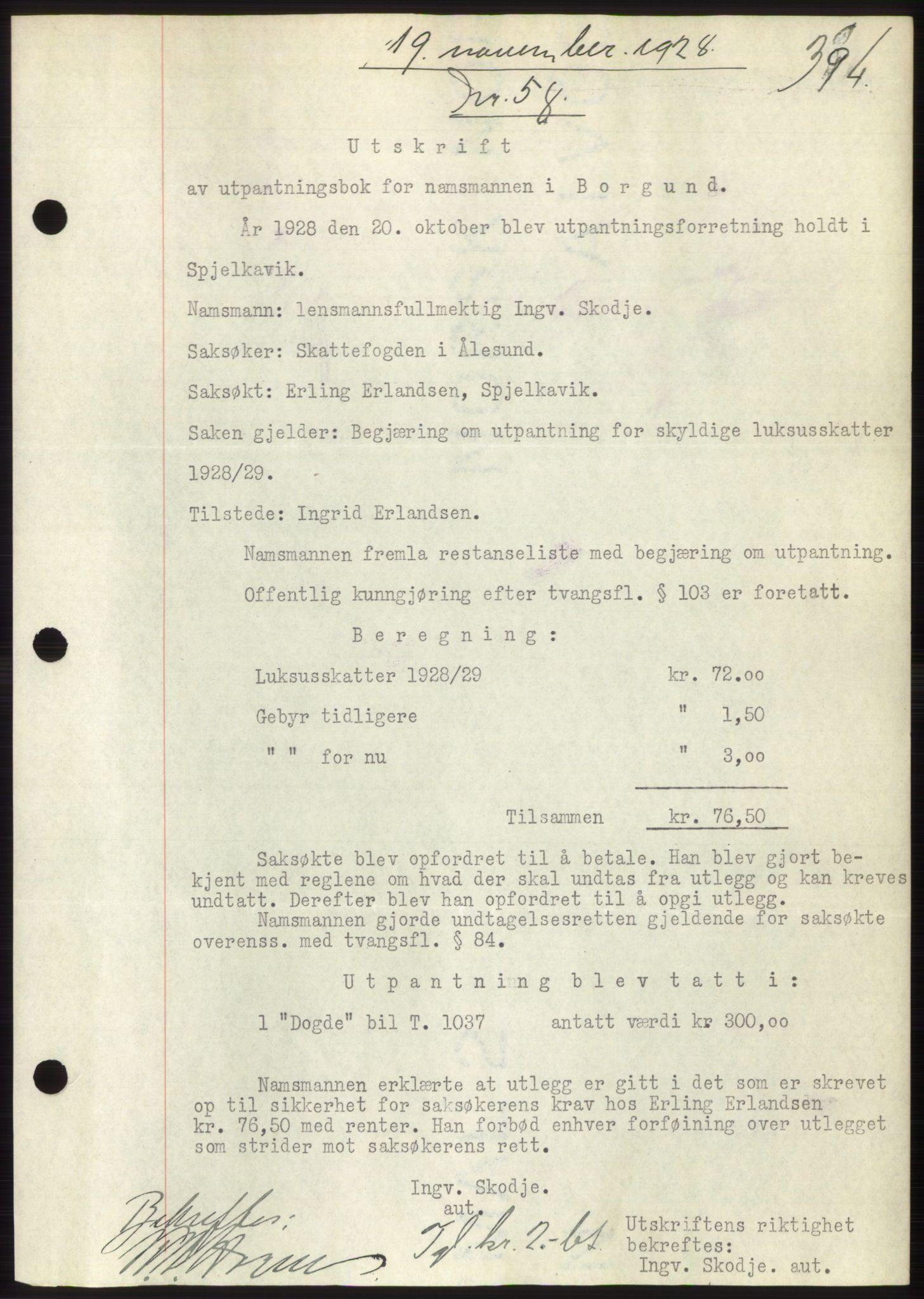 Nordre Sunnmøre sorenskriveri, AV/SAT-A-0006/1/2/2C/2Ca/L0042: Pantebok nr. 42, 1928-1928, Tingl.dato: 19.11.1928