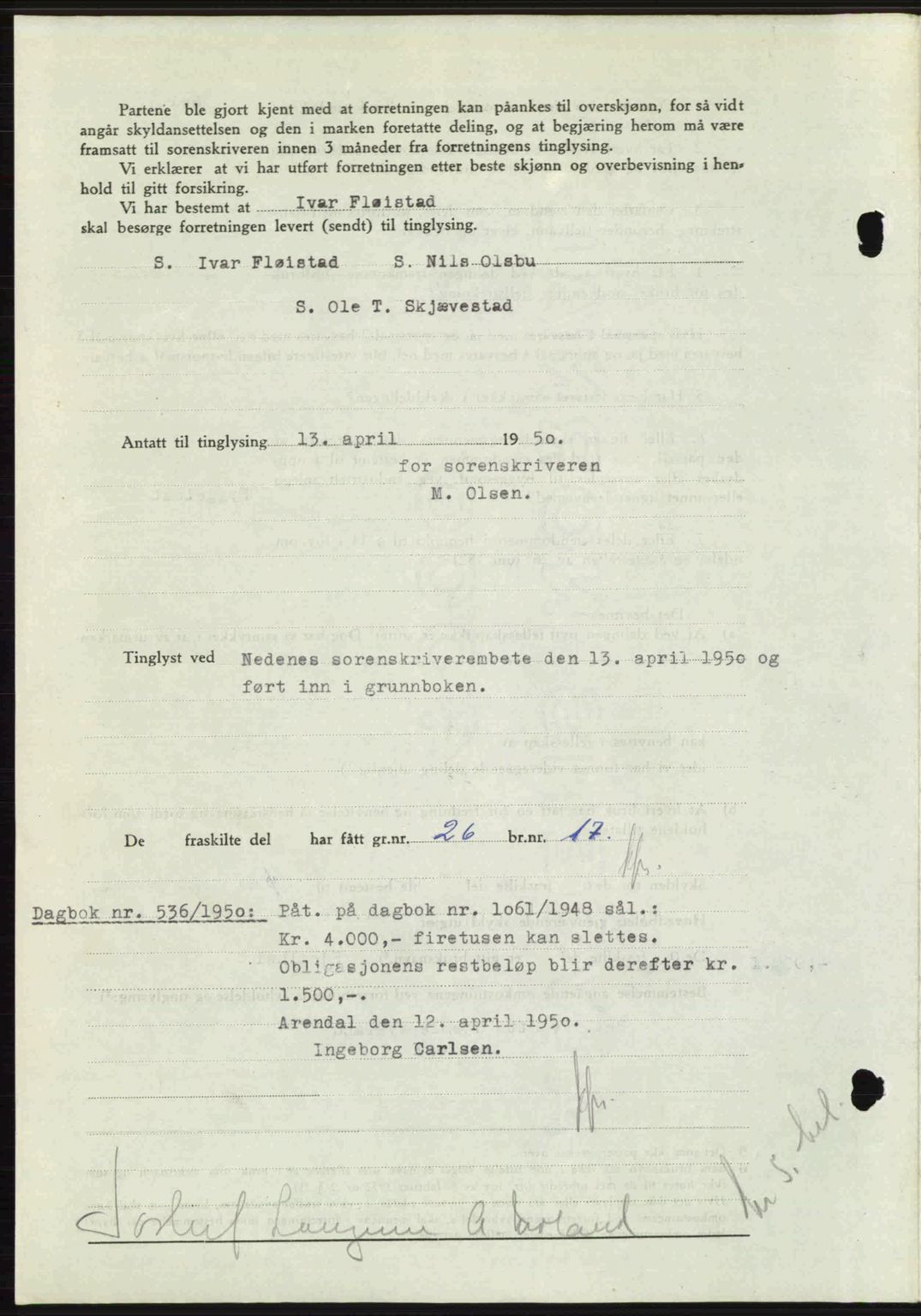 Nedenes sorenskriveri, SAK/1221-0006/G/Gb/Gba/L0062: Pantebok nr. A14, 1949-1950, Dagboknr: 535/1950