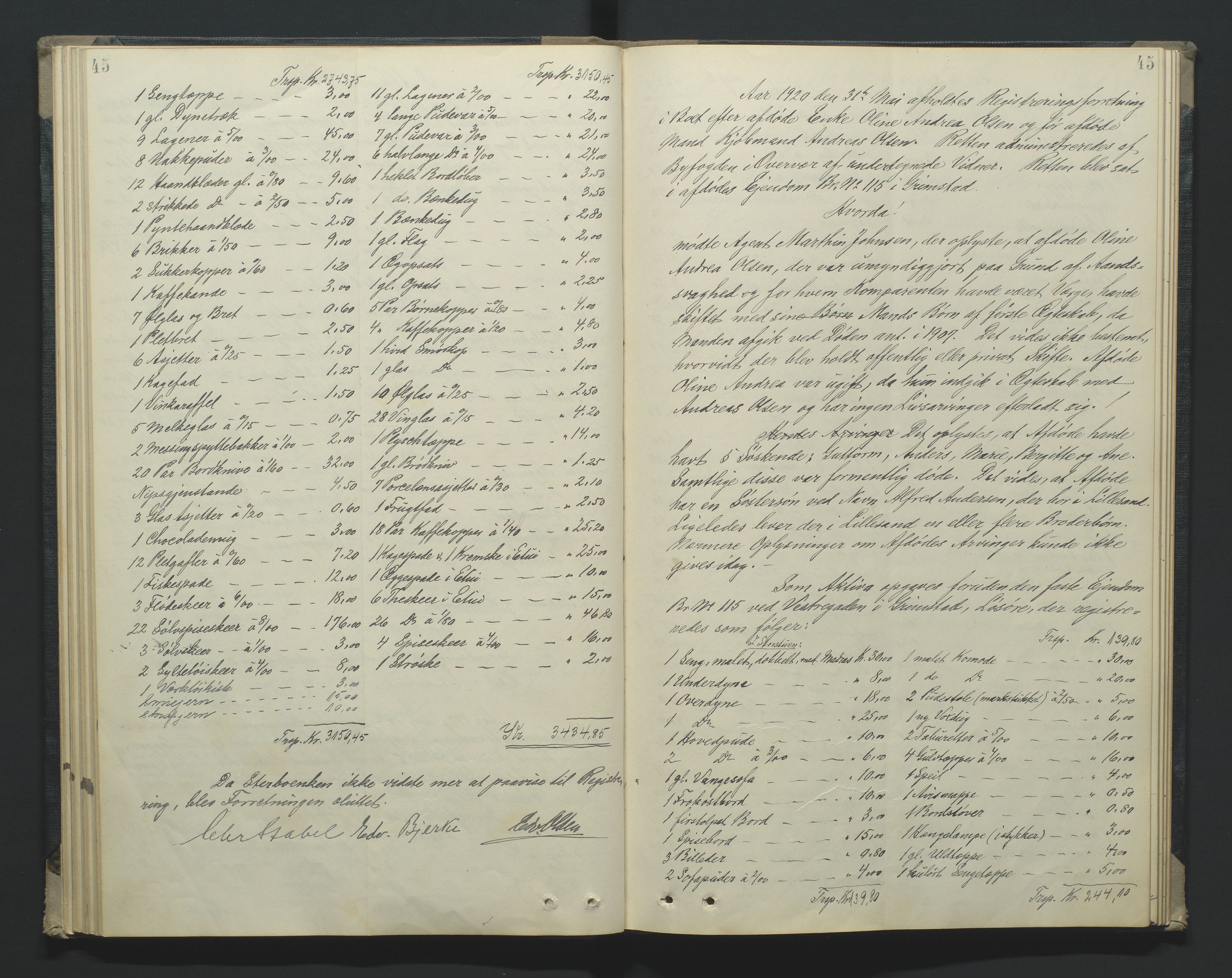 Grimstad byfogd, AV/SAK-1222-0003/H/Hc/L0010: Skifteprotokoll nr. 10, 1918-1922, s. 45