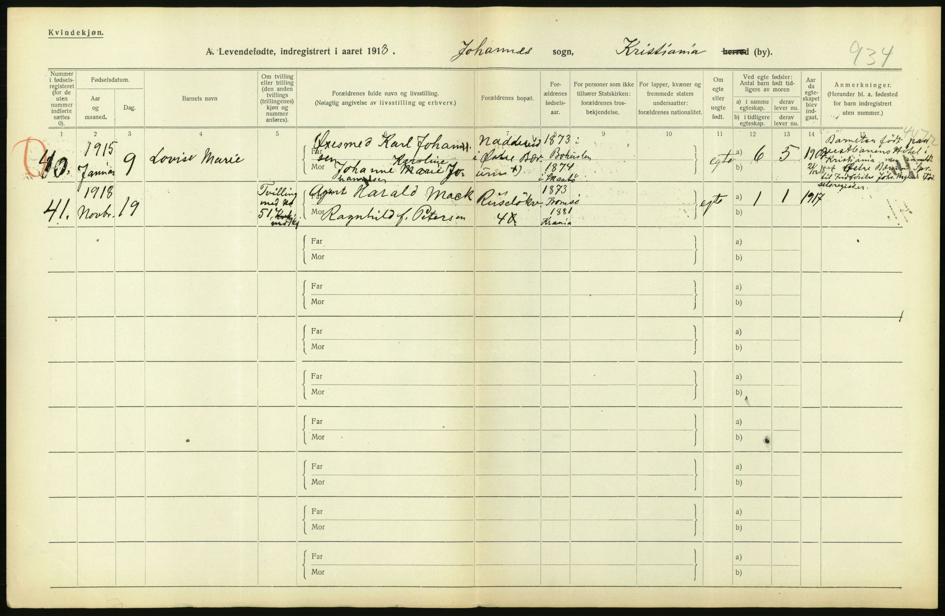 Statistisk sentralbyrå, Sosiodemografiske emner, Befolkning, RA/S-2228/D/Df/Dfb/Dfbh/L0007: Kristiania: Levendefødte menn og kvinner., 1918, s. 506