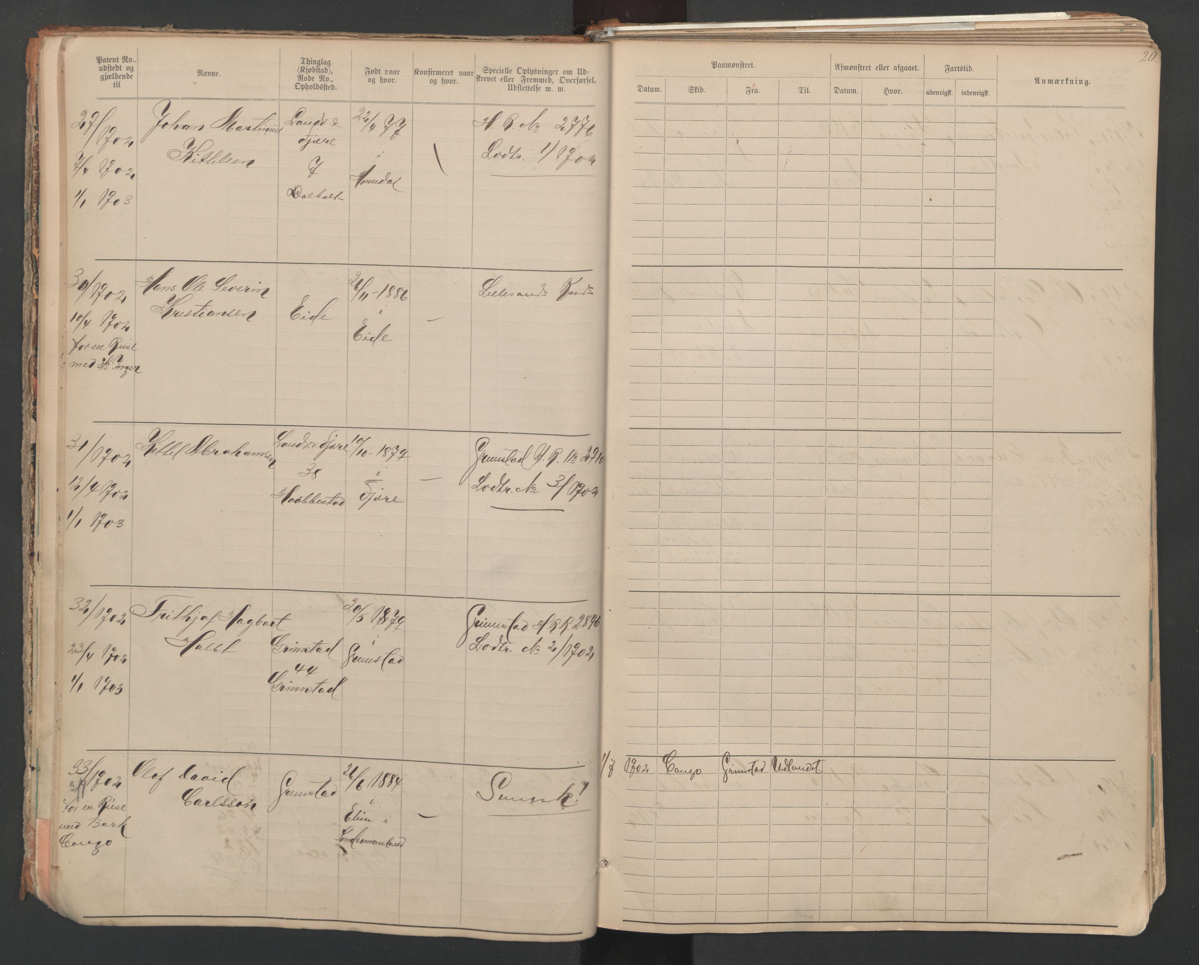 Grimstad mønstringskrets, AV/SAK-2031-0013/F/Fa/L0007: Annotasjonsrulle nr 1-265 og hovedrulle B nr 1-160, V-20, 1894-1949, s. 20