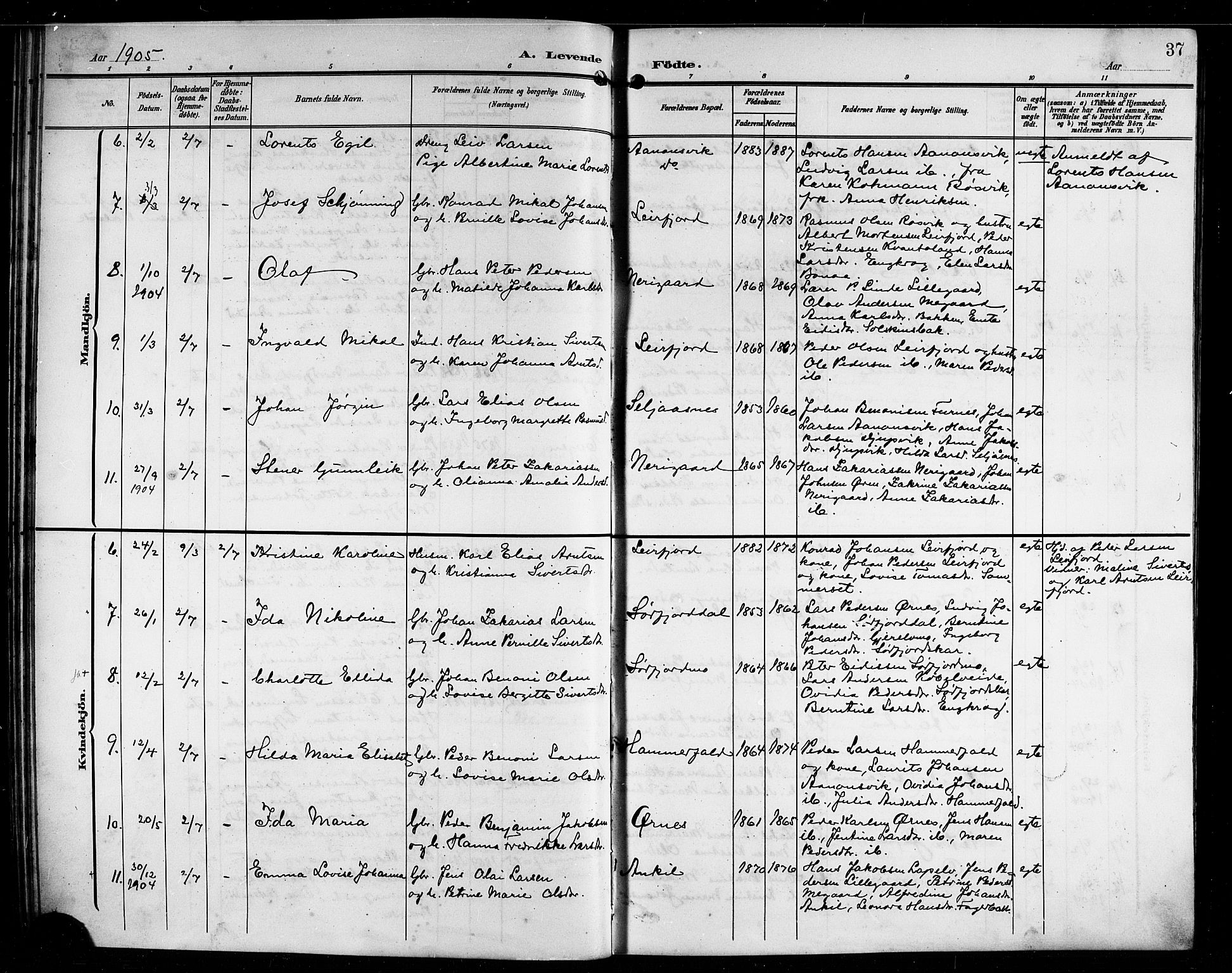 Ministerialprotokoller, klokkerbøker og fødselsregistre - Nordland, AV/SAT-A-1459/854/L0786: Klokkerbok nr. 854C02, 1901-1912, s. 37