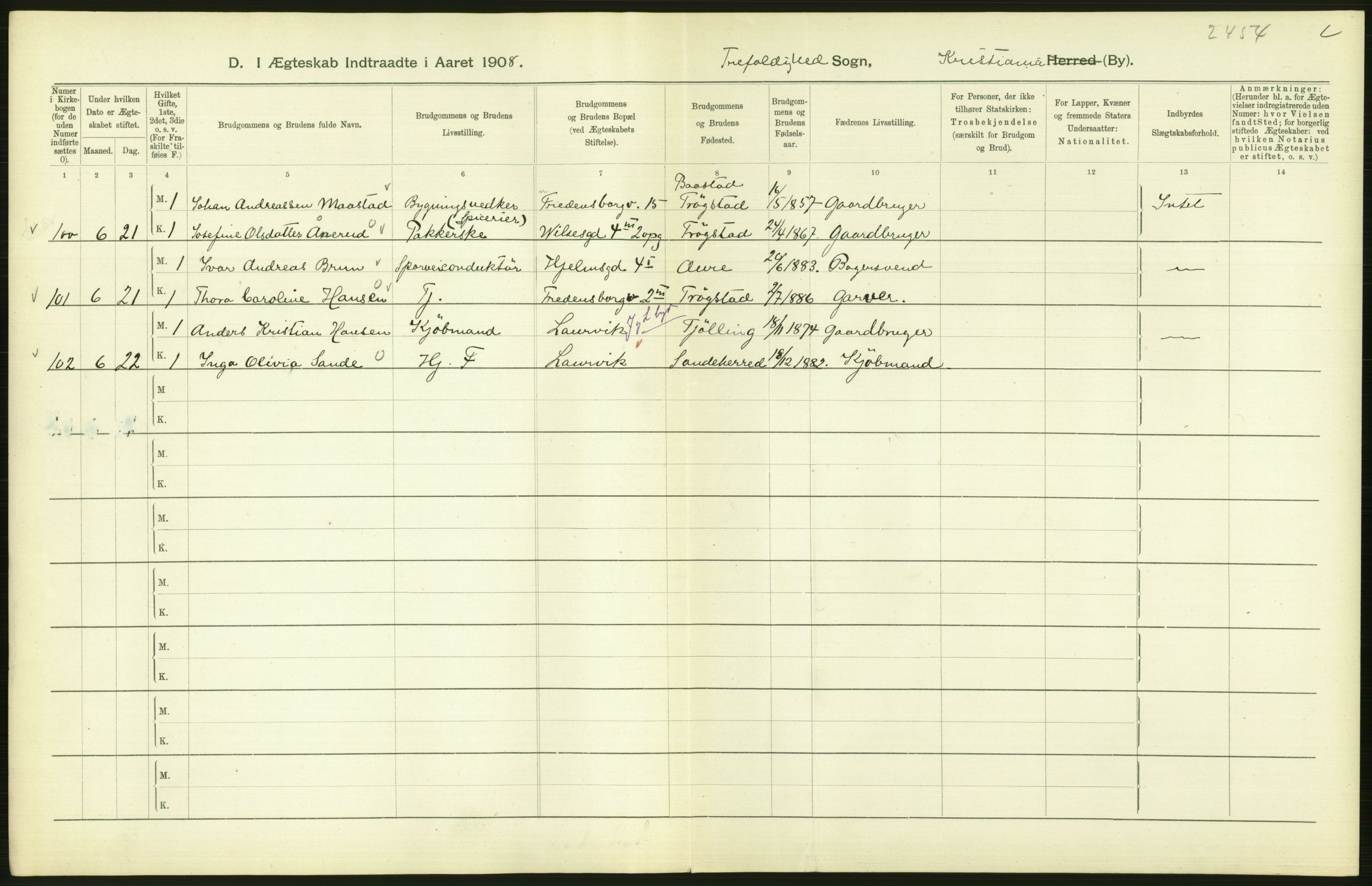 Statistisk sentralbyrå, Sosiodemografiske emner, Befolkning, AV/RA-S-2228/D/Df/Dfa/Dfaf/L0007: Kristiania: Gifte, 1908, s. 424