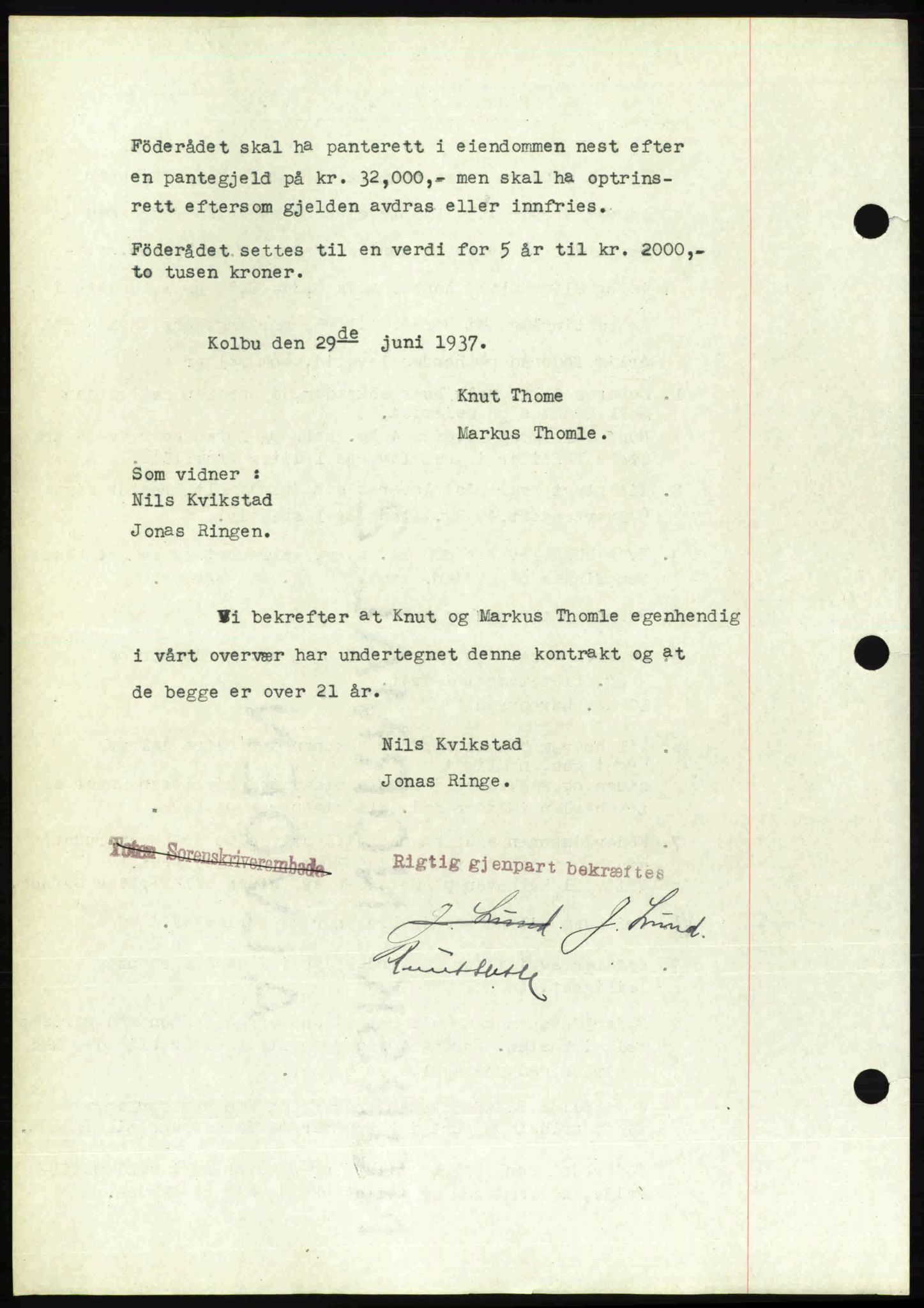 Toten tingrett, SAH/TING-006/H/Hb/Hbc/L0003: Pantebok nr. Hbc-03, 1937-1938, Dagboknr: 1746/1937