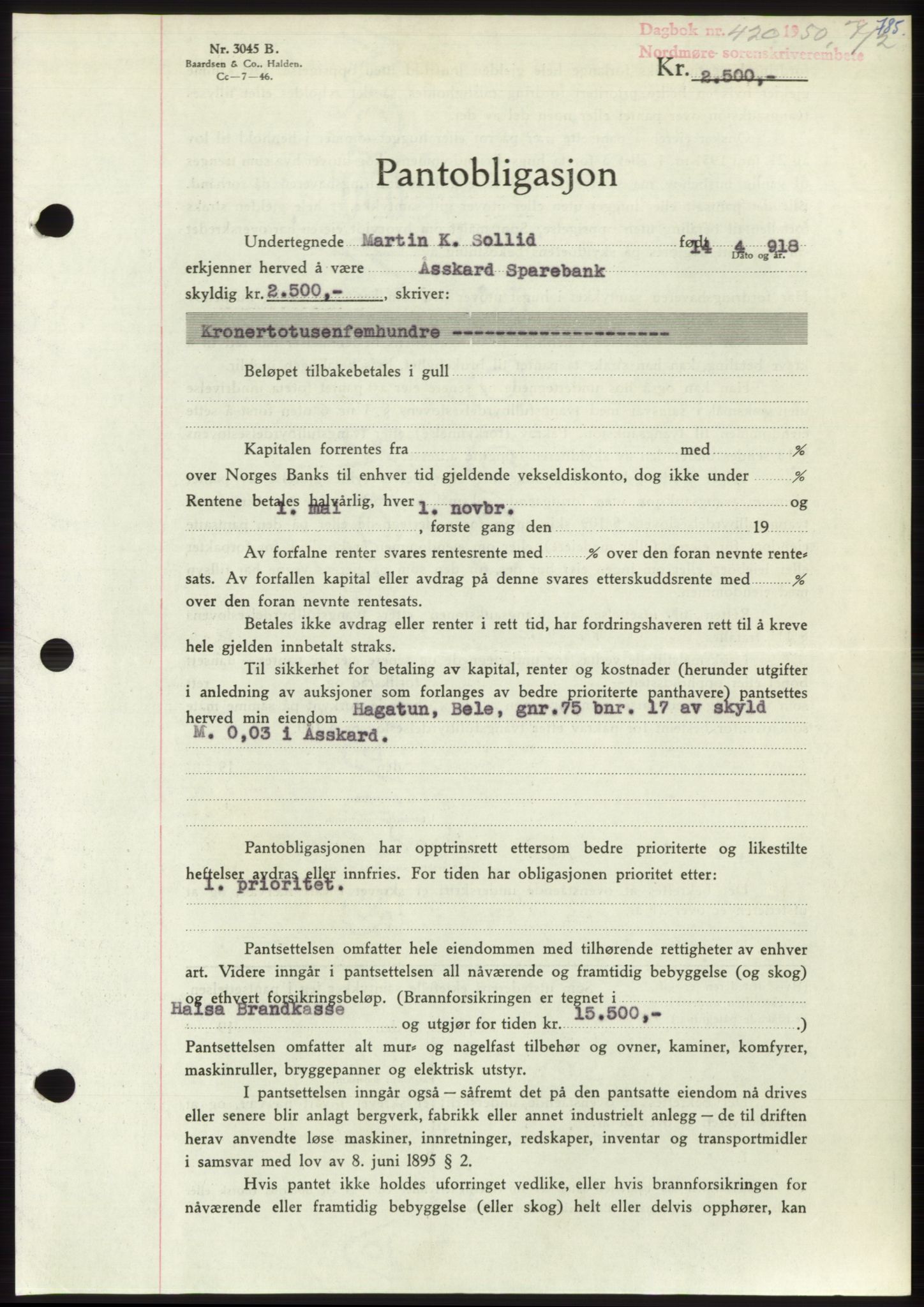 Nordmøre sorenskriveri, AV/SAT-A-4132/1/2/2Ca: Pantebok nr. B103, 1949-1950, Dagboknr: 420/1950
