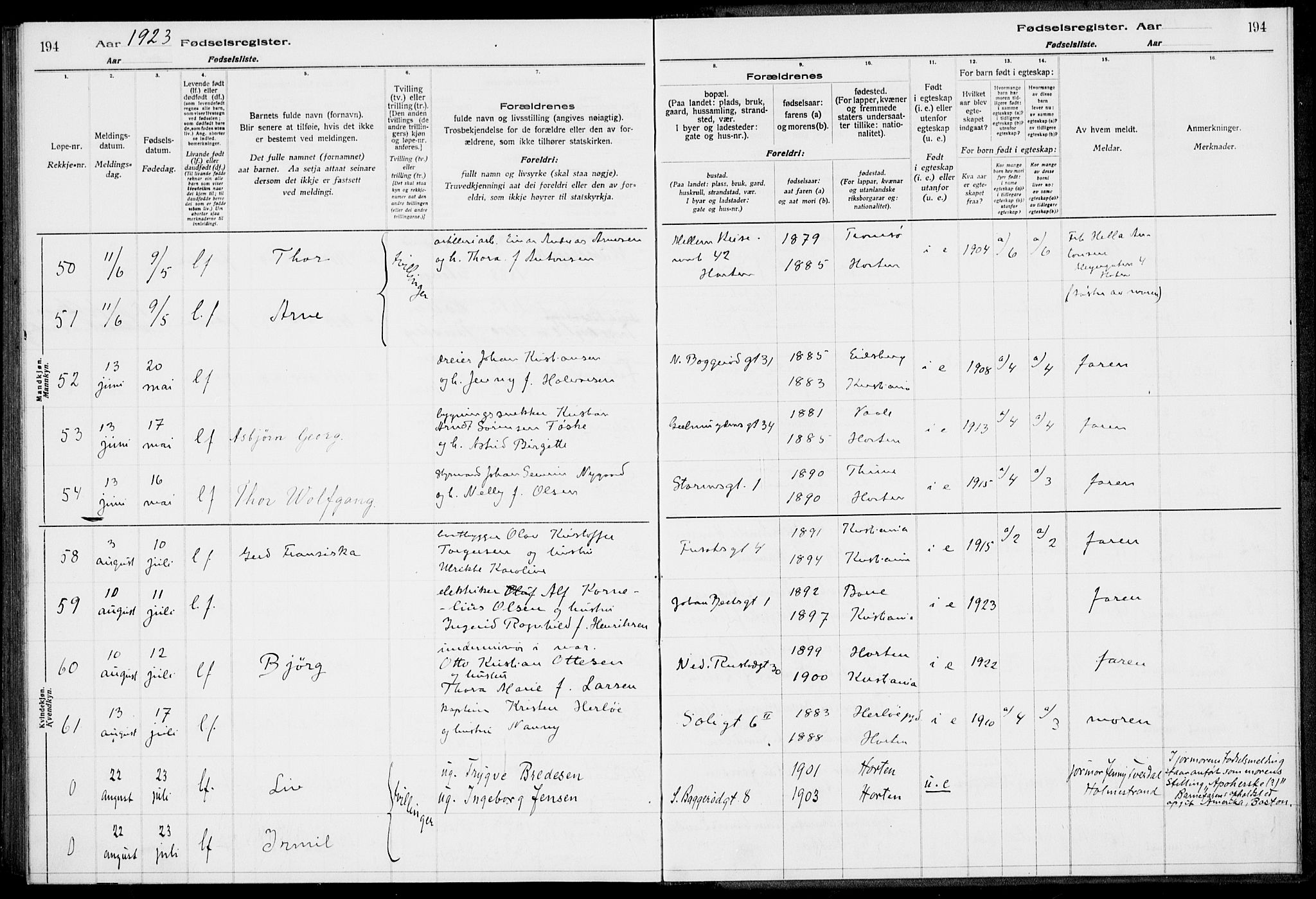 Horten kirkebøker, AV/SAKO-A-348/J/Ja/L0001: Fødselsregister nr. 1, 1916-1923, s. 194