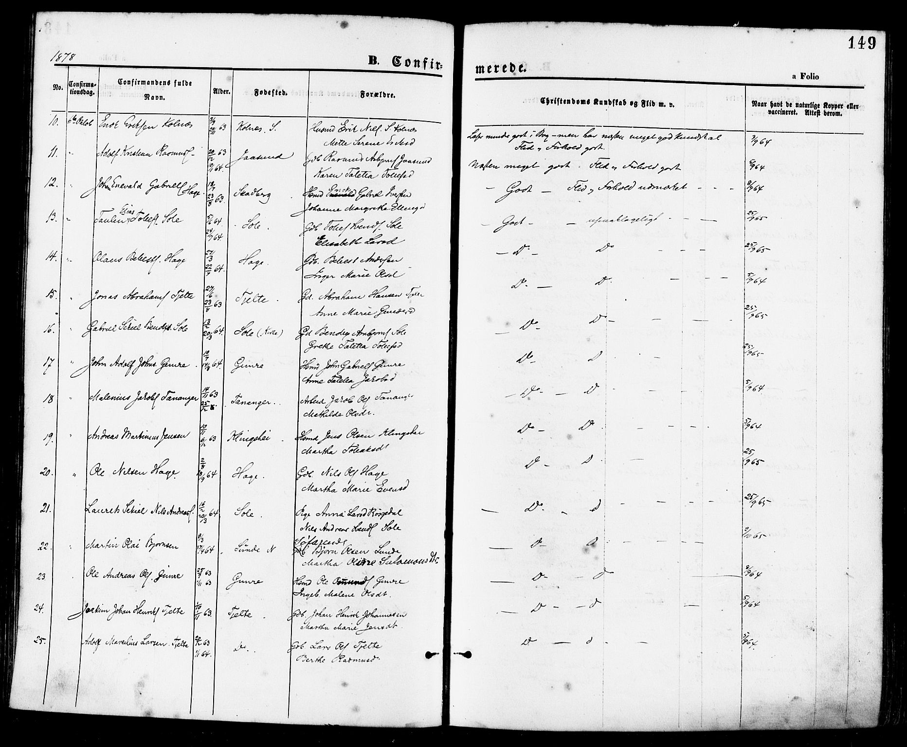 Håland sokneprestkontor, AV/SAST-A-101802/001/30BA/L0009: Ministerialbok nr. A 8, 1871-1882, s. 149