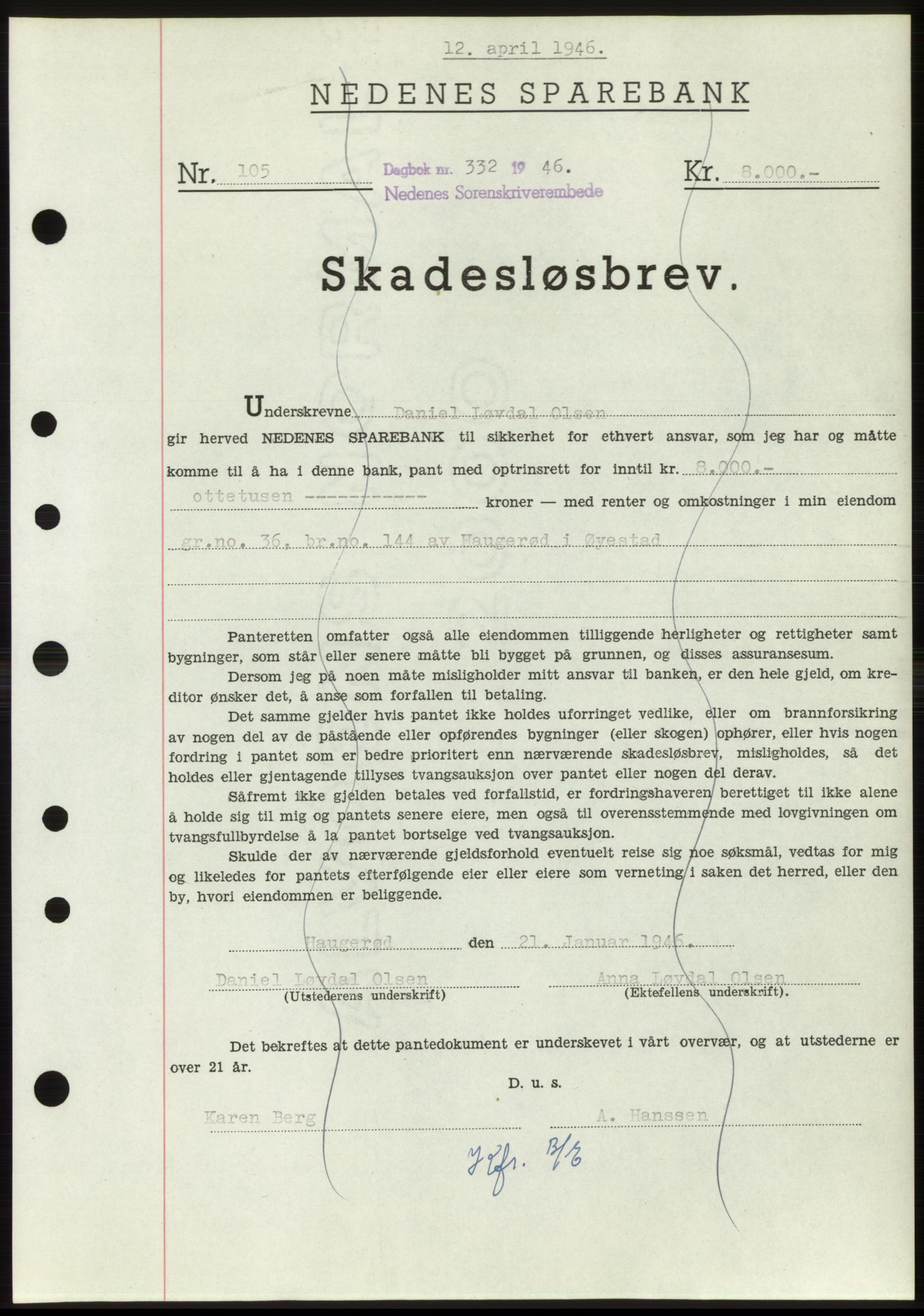 Nedenes sorenskriveri, SAK/1221-0006/G/Gb/Gbb/L0003: Pantebok nr. B3b, 1946-1946, Dagboknr: 332/1946