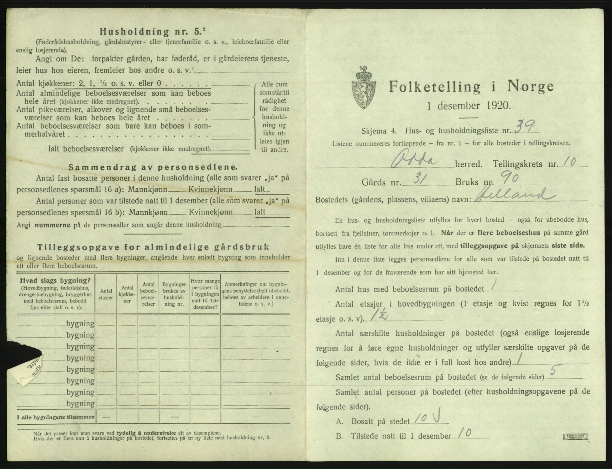 SAB, Folketelling 1920 for 1228 Odda herred, 1920, s. 1010