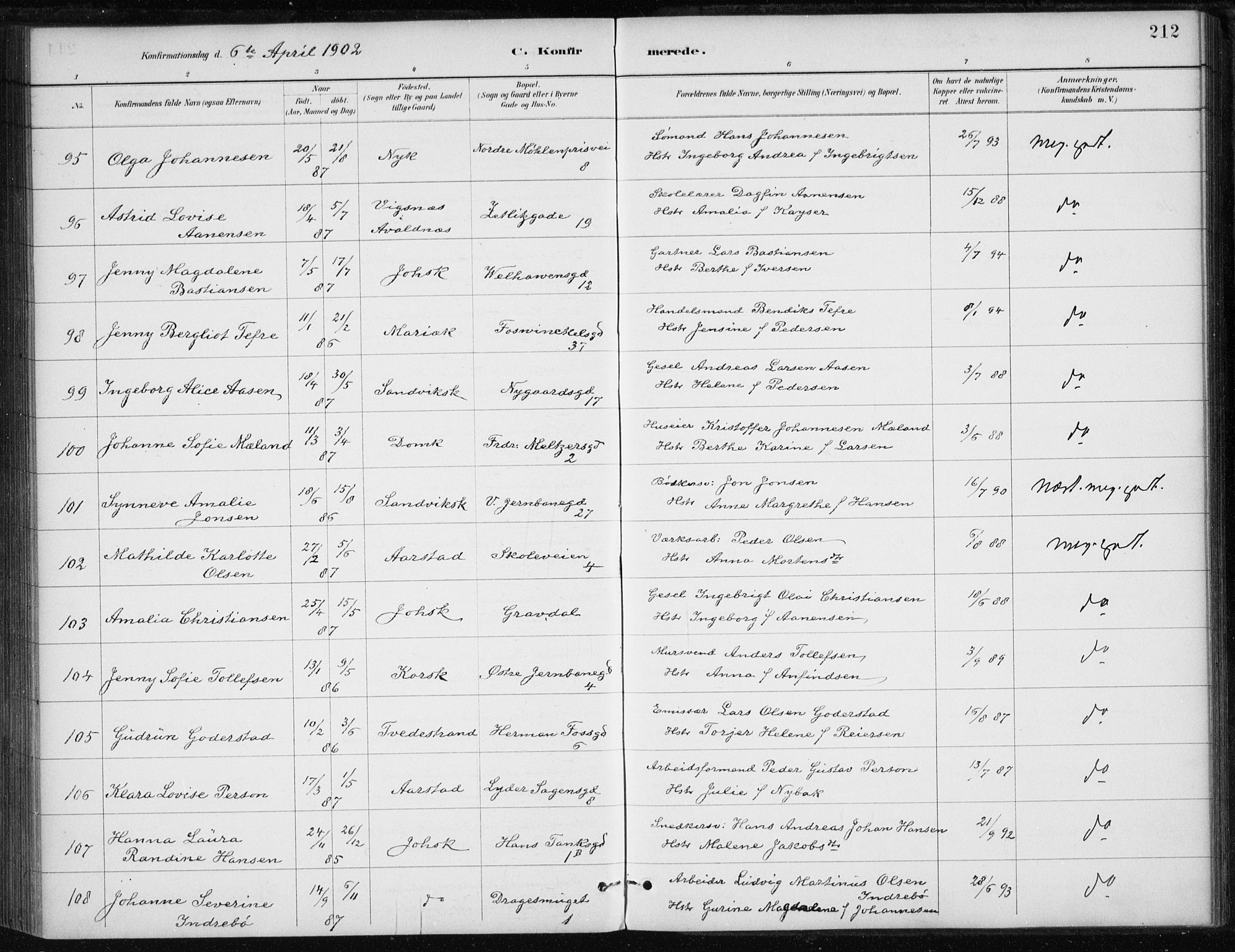 Johanneskirken sokneprestembete, AV/SAB-A-76001/H/Haa/L0008: Ministerialbok nr. C 1, 1885-1907, s. 212