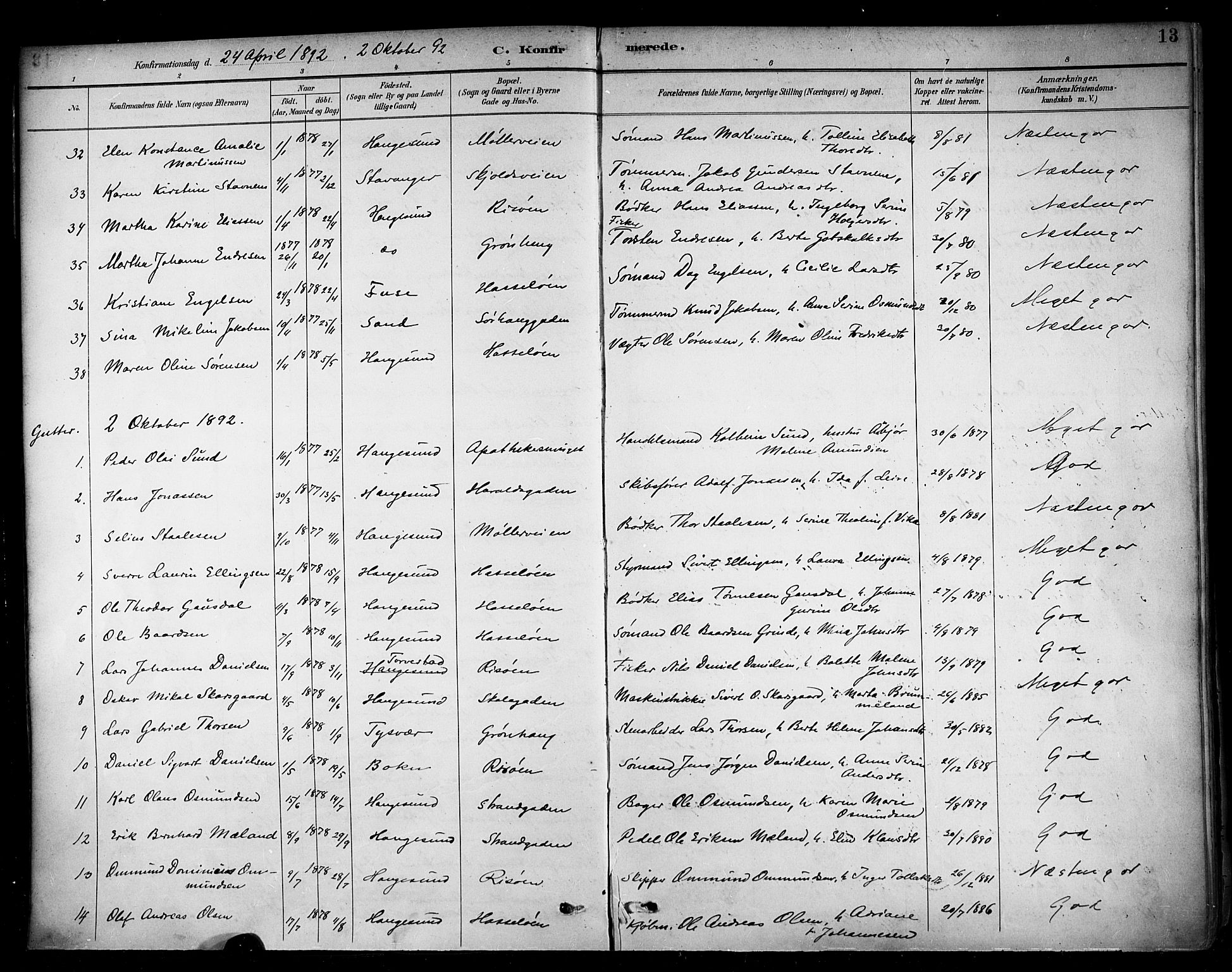 Haugesund sokneprestkontor, AV/SAST-A -101863/H/Ha/Haa/L0005: Ministerialbok nr. A 5, 1891-1903, s. 13