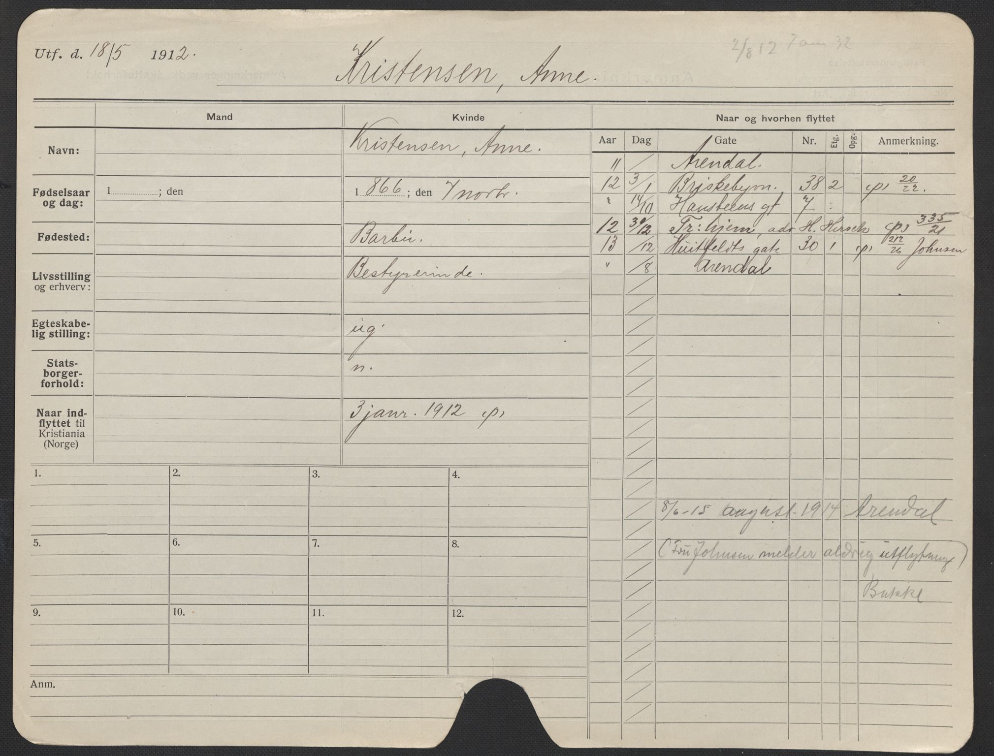 Oslo folkeregister, Registerkort, AV/SAO-A-11715/F/Fa/Fac/L0019: Kvinner, 1906-1914, s. 112a