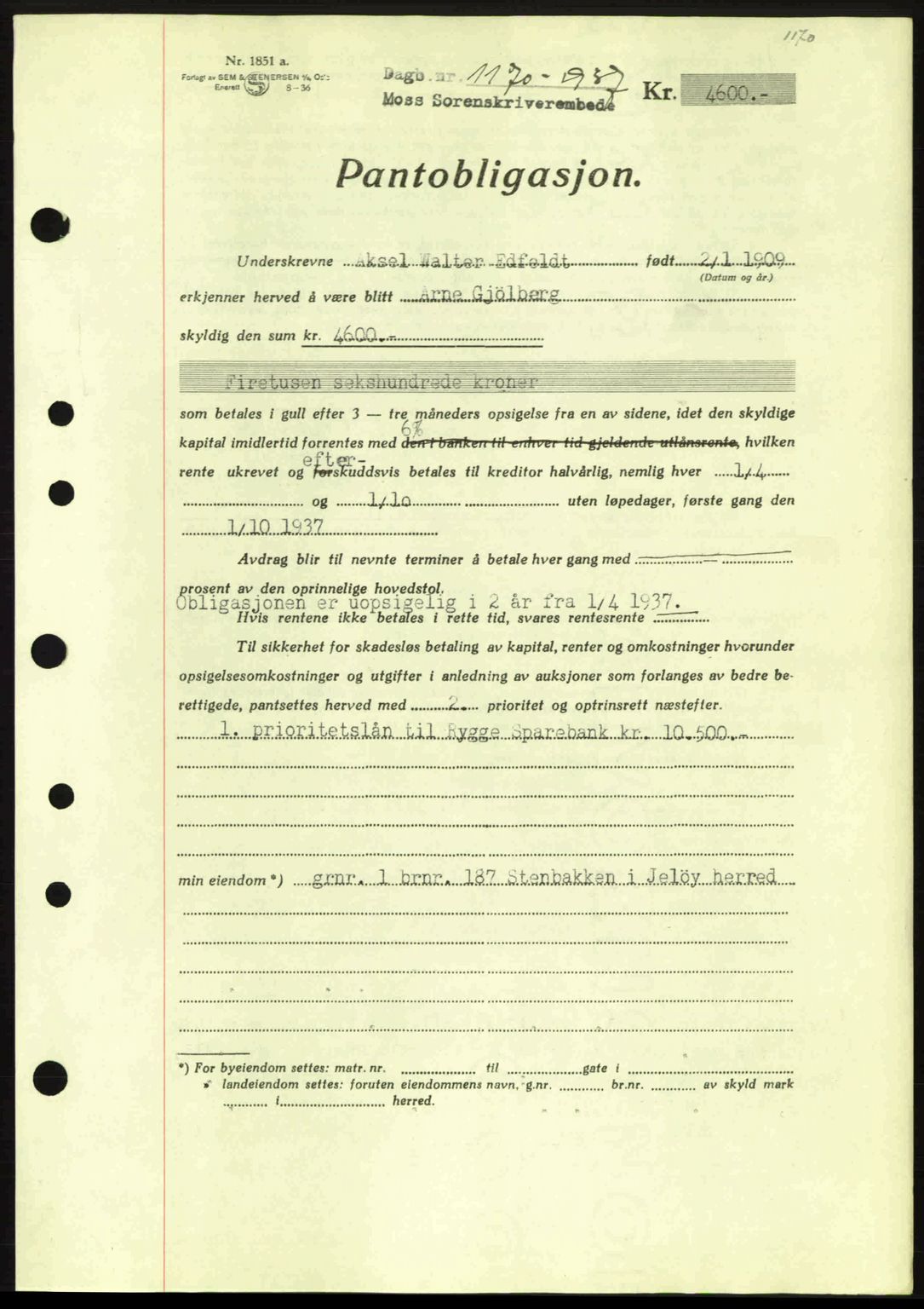 Moss sorenskriveri, SAO/A-10168: Pantebok nr. B3, 1937-1937, Dagboknr: 1170/1937
