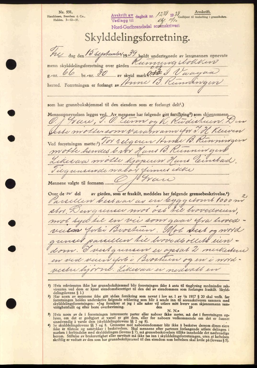 Nord-Gudbrandsdal tingrett, SAH/TING-002/H/Hb/Hbb/L0005: Pantebok nr. FA5, 1939-1940, Dagboknr: 1239/1939