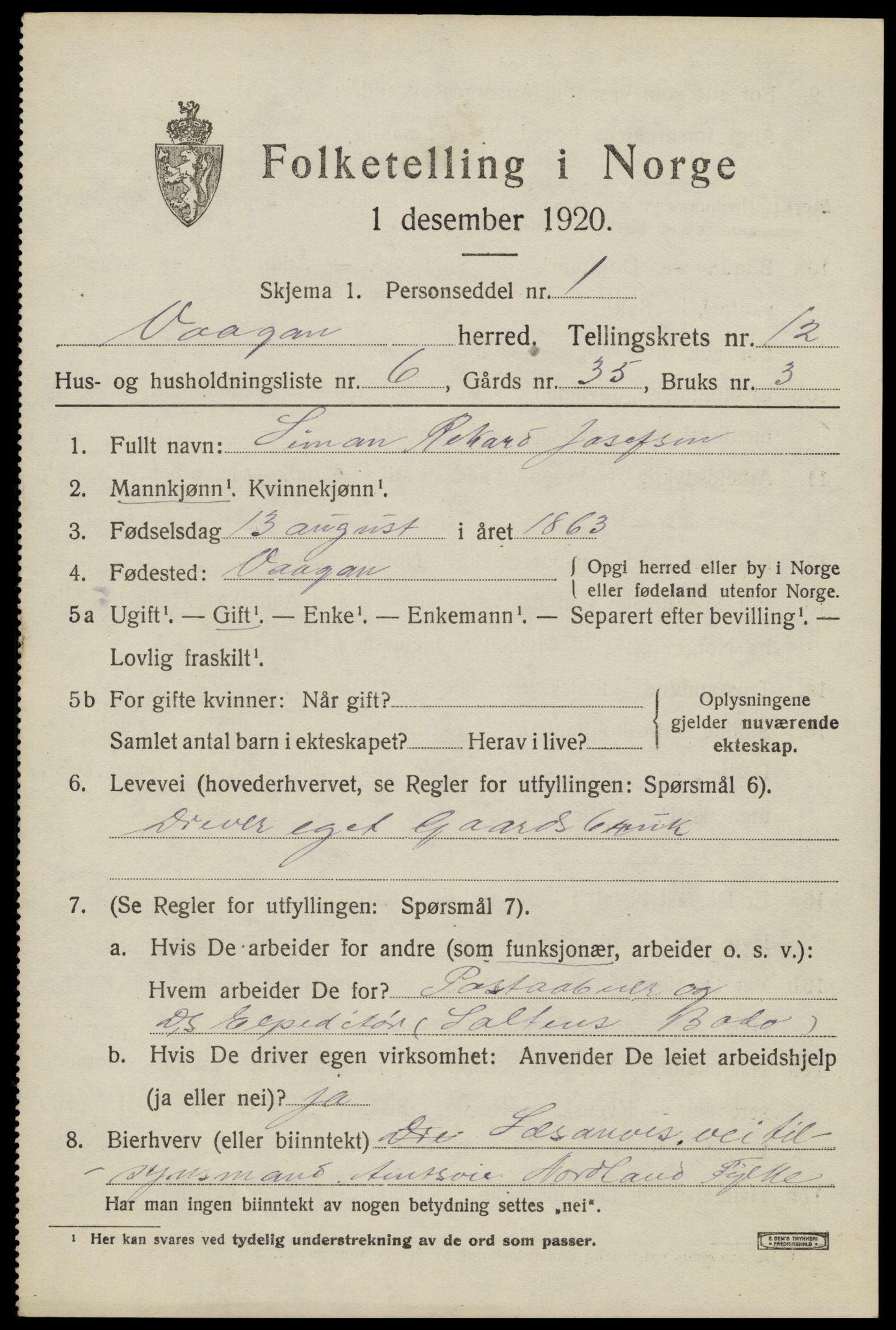 SAT, Folketelling 1920 for 1865 Vågan herred, 1920, s. 10007