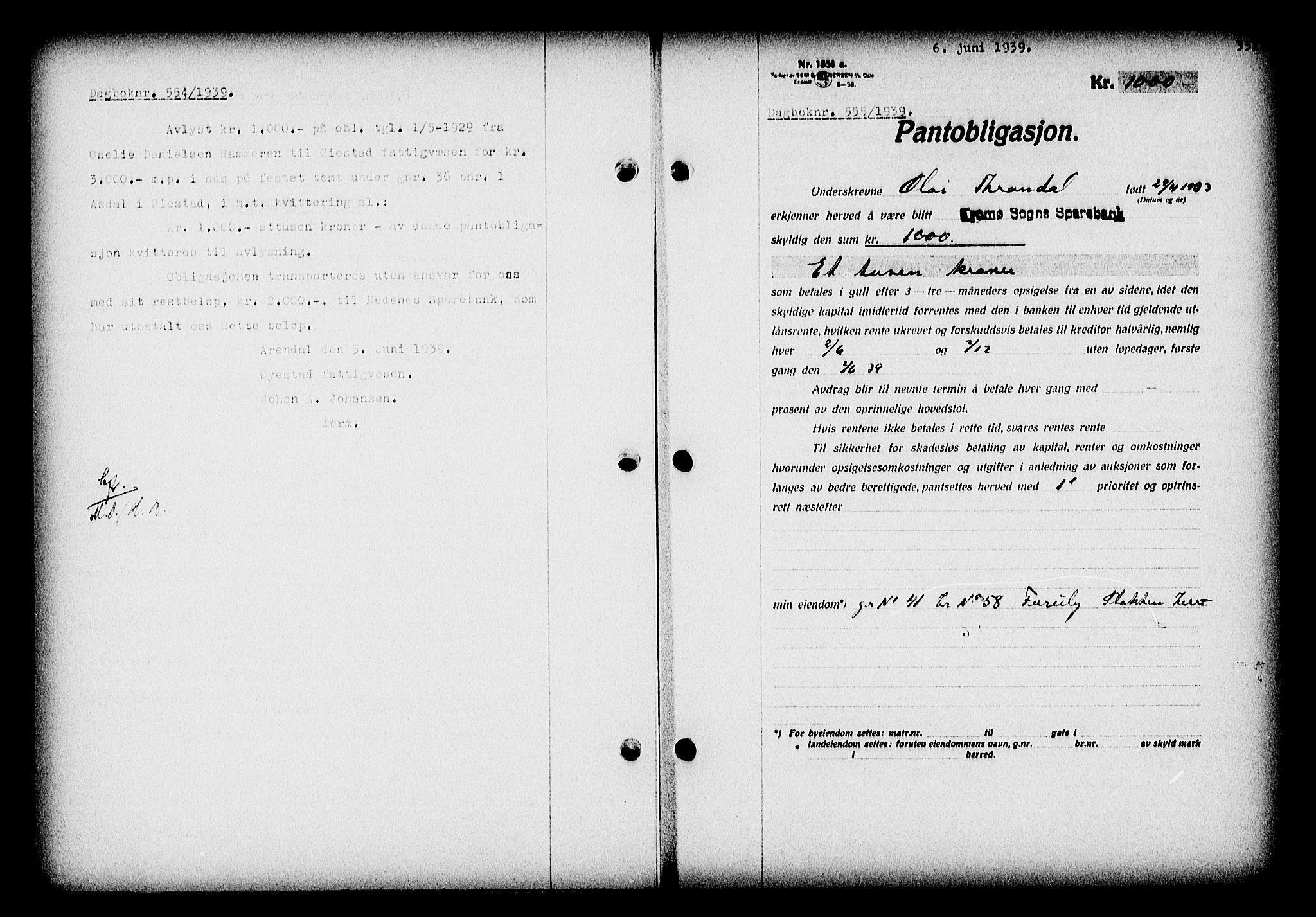 Nedenes sorenskriveri, SAK/1221-0006/G/Gb/Gba/L0046: Pantebok nr. 42, 1938-1939, Dagboknr: 555/1939