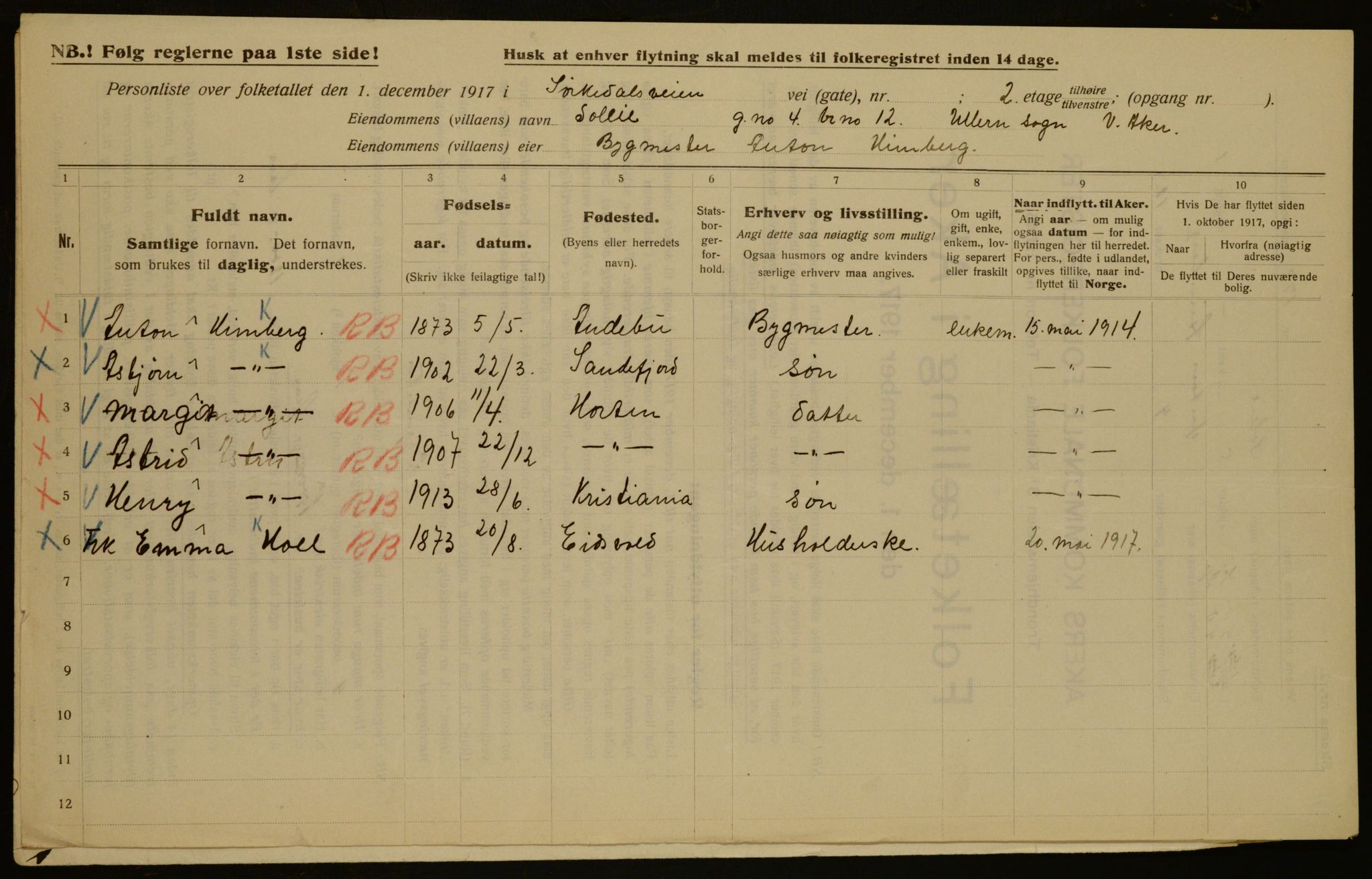 OBA, Kommunal folketelling 1.12.1917 for Aker, 1917, s. 47