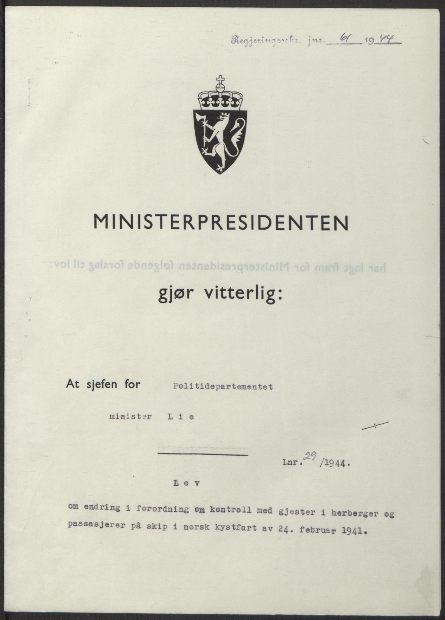 NS-administrasjonen 1940-1945 (Statsrådsekretariatet, de kommisariske statsråder mm), AV/RA-S-4279/D/Db/L0100: Lover, 1944, s. 138