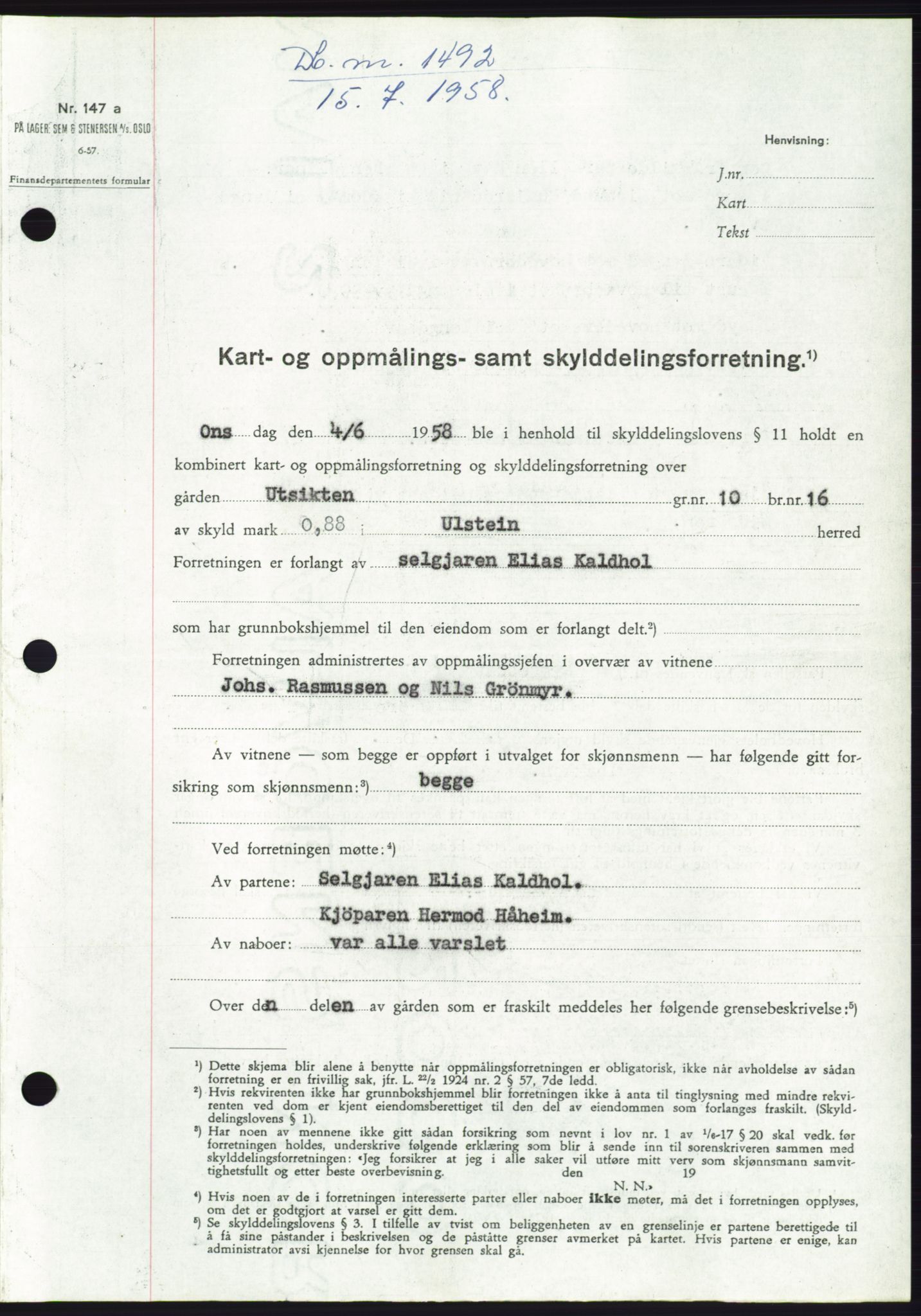 Søre Sunnmøre sorenskriveri, AV/SAT-A-4122/1/2/2C/L0110: Pantebok nr. 36A, 1958-1958, Dagboknr: 1492/1958