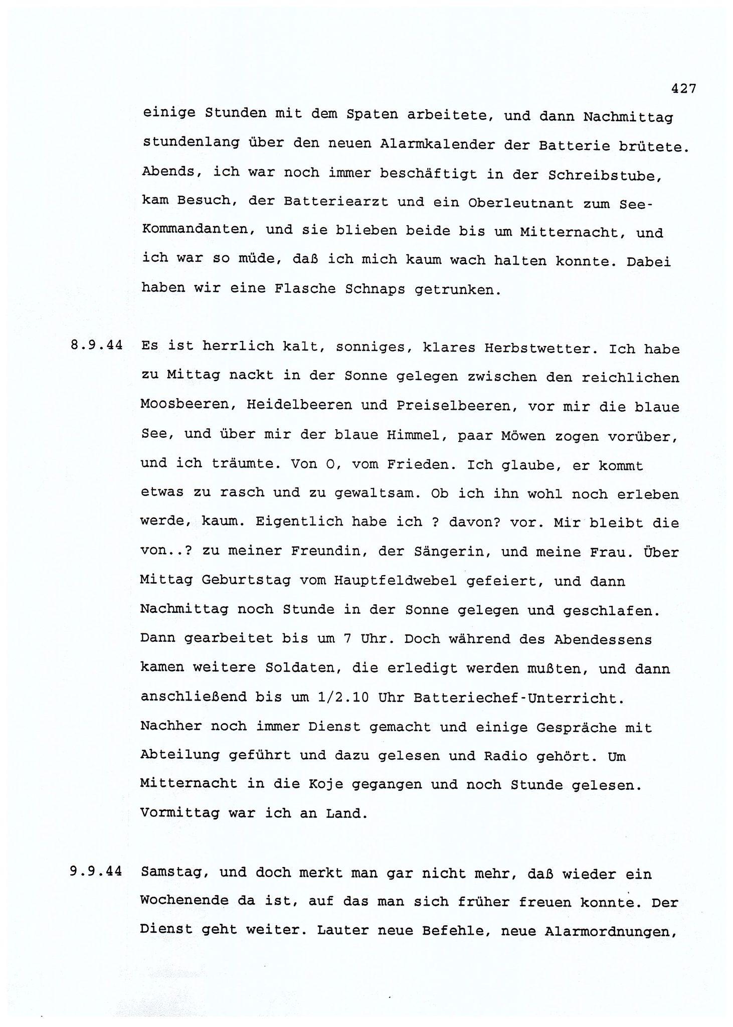 Dagbokopptegnelser av en tysk marineoffiser stasjonert i Norge , FMFB/A-1160/F/L0001: Dagbokopptegnelser av en tysk marineoffiser stasjonert i Norge, 1941-1944, s. 427